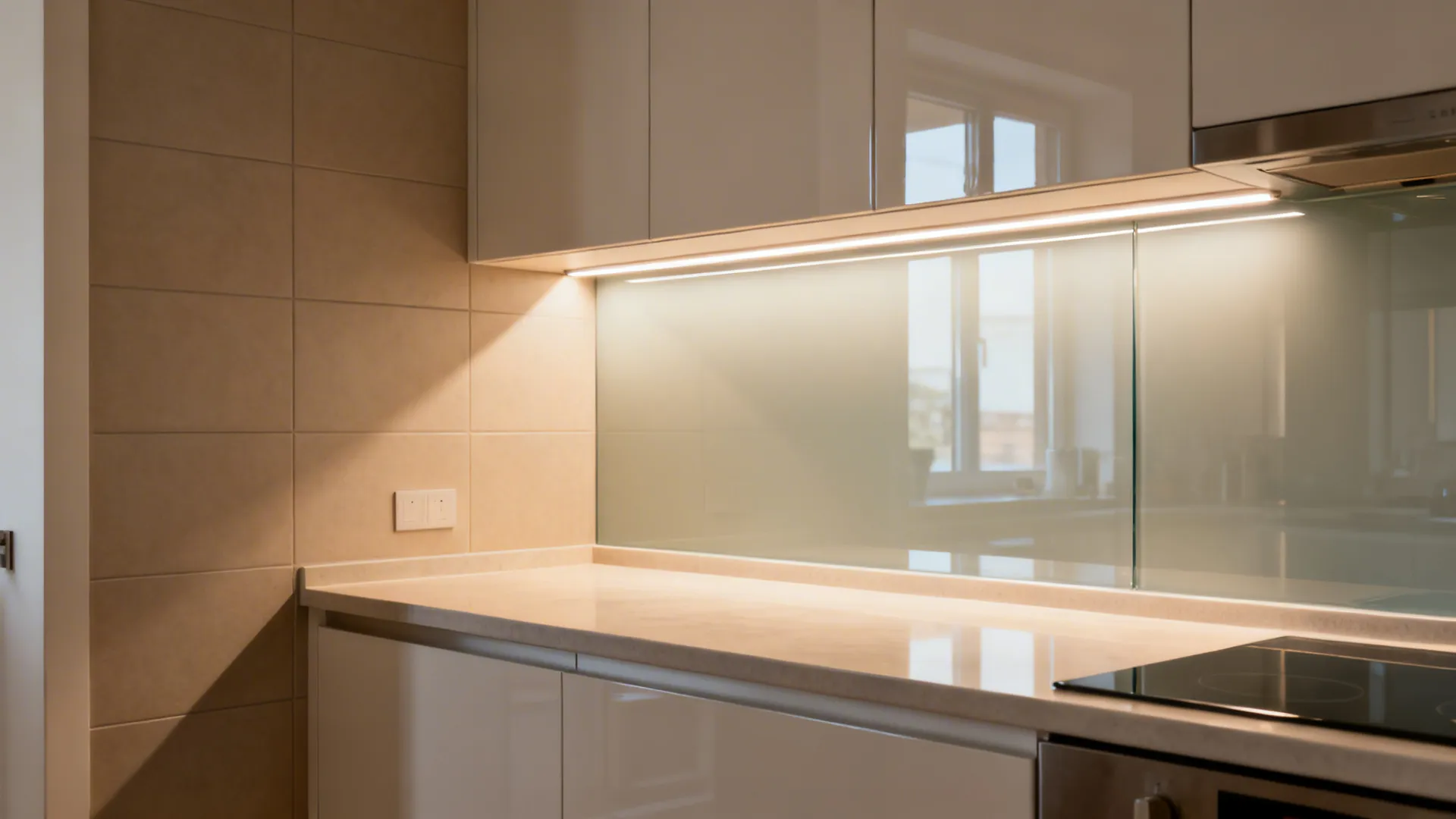 Before-and-after showing matte tile versus glossy glass backsplash with LED lighting in a small kitchen