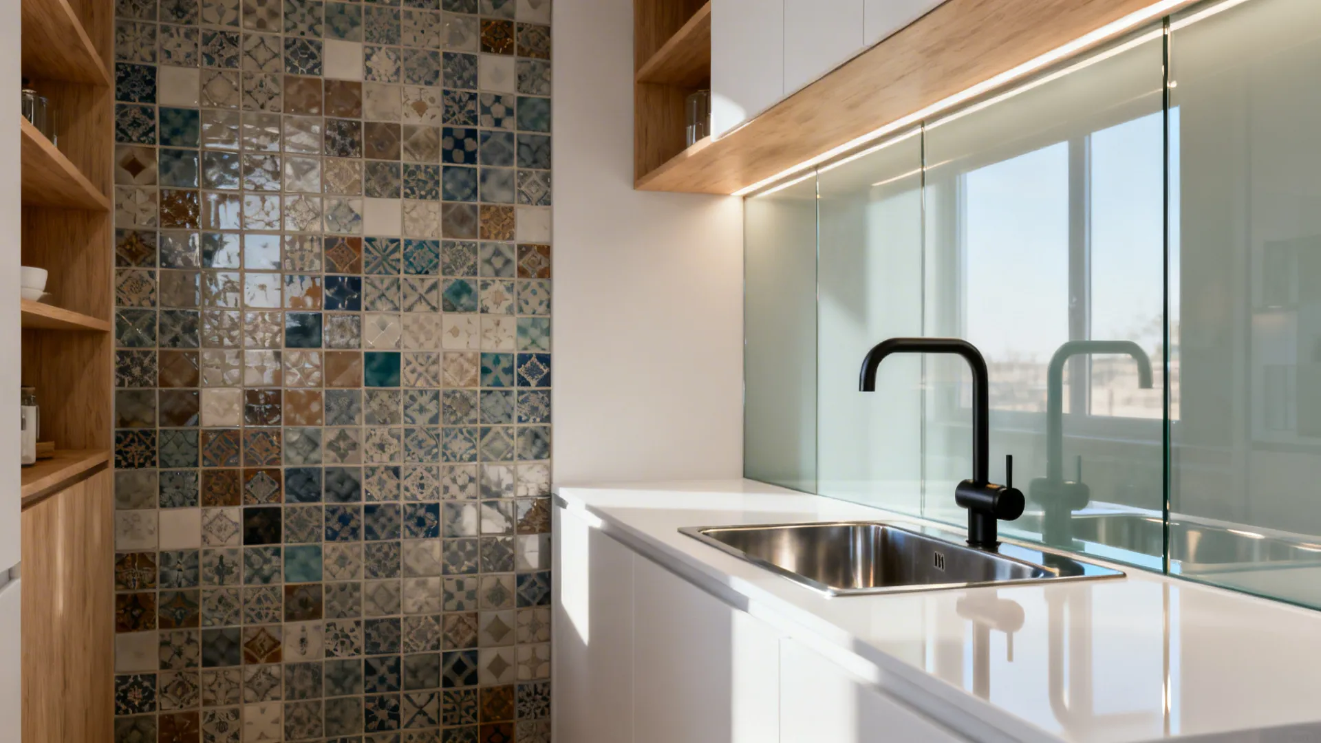 Before-and-after of a kitchen backsplash comparing busy tile to low-iron glass