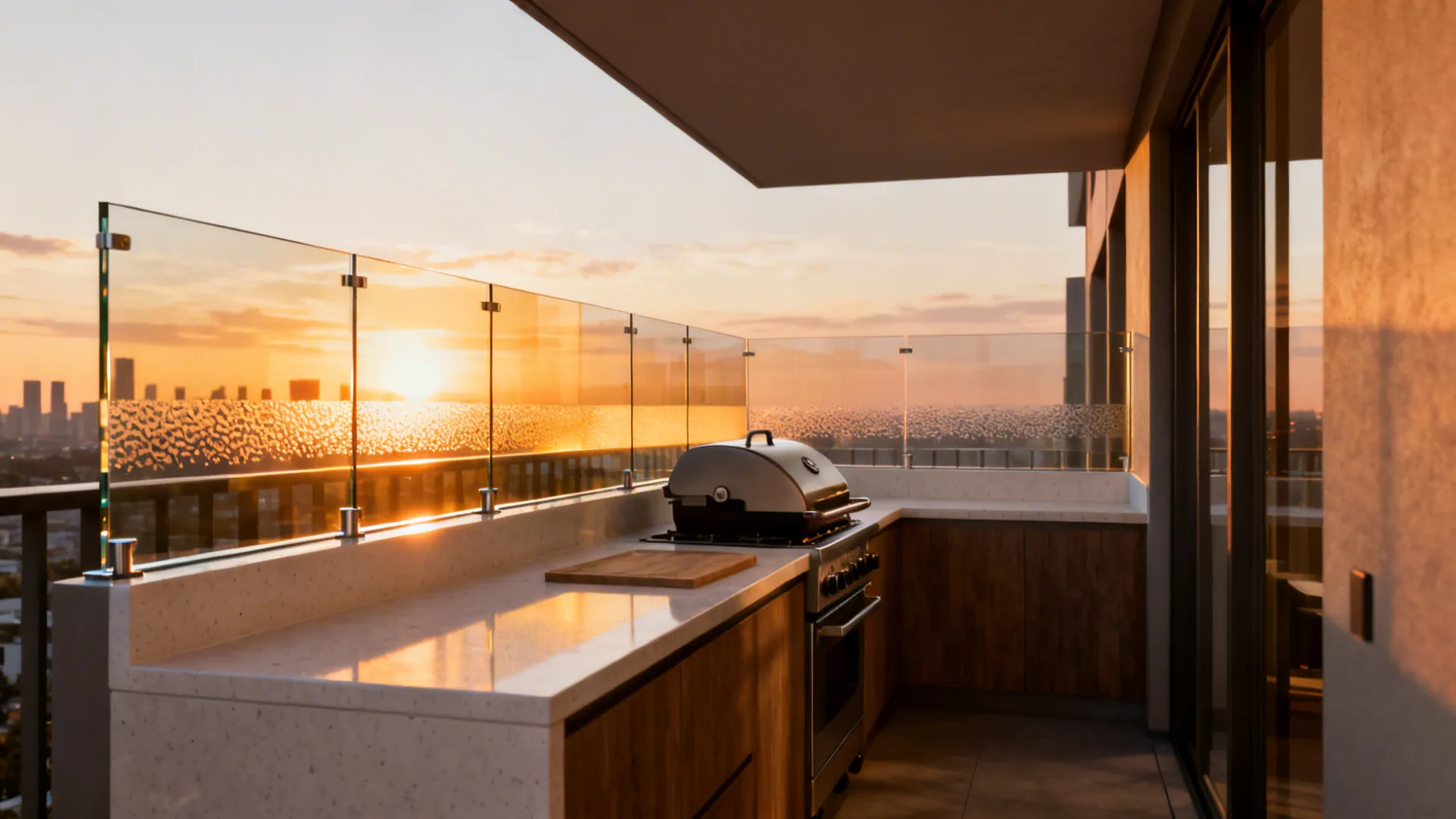 L-shaped balcony kitchen with low-iron tempered glass backsplash reflecting sunset and city views.