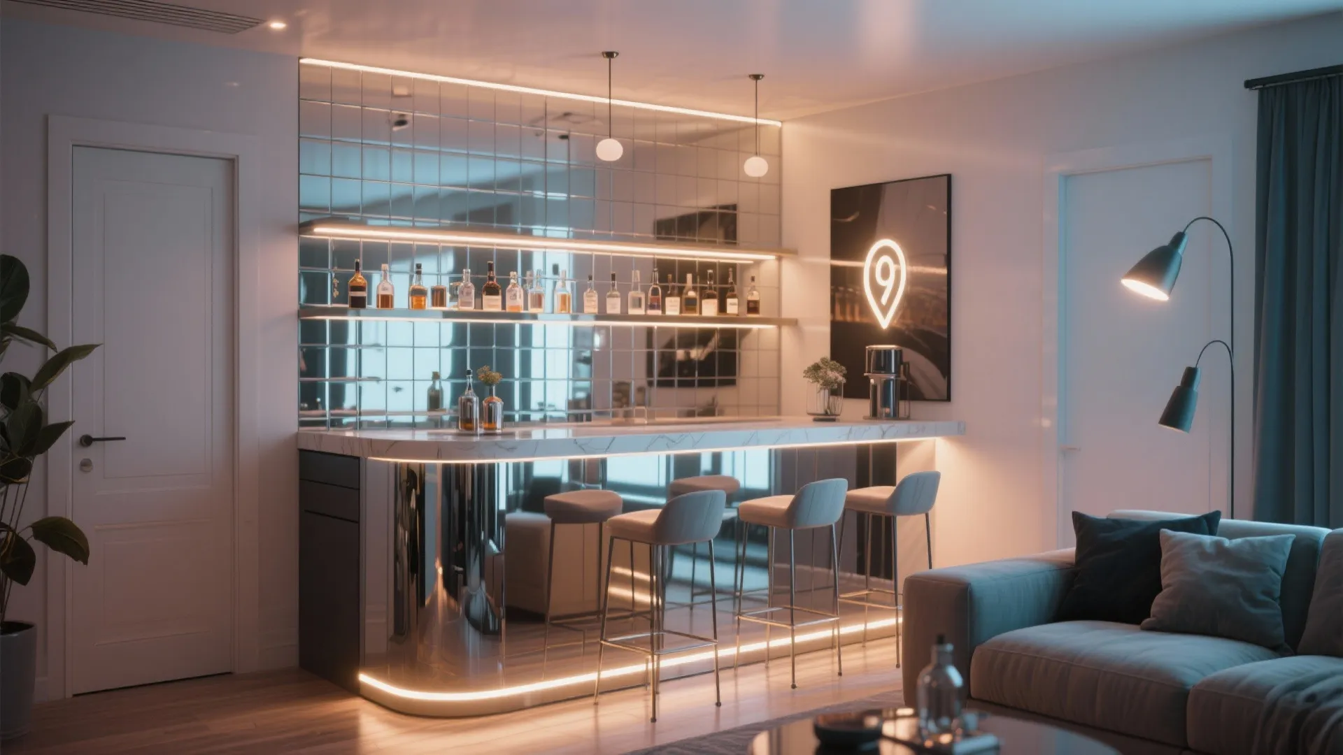 Modern home bar with mirrored wall glowing shelves bar stools sofa and stylish floor lamp