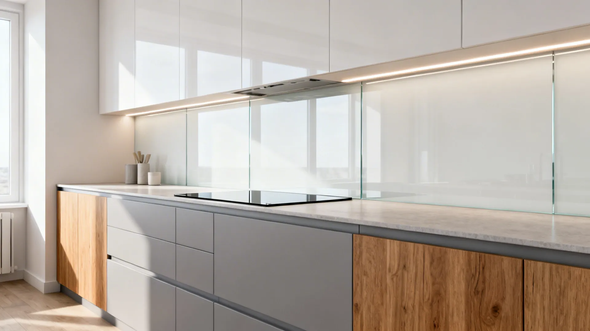 Base-only kitchen with light-reflecting glass backsplash and soft LED graze lighting.