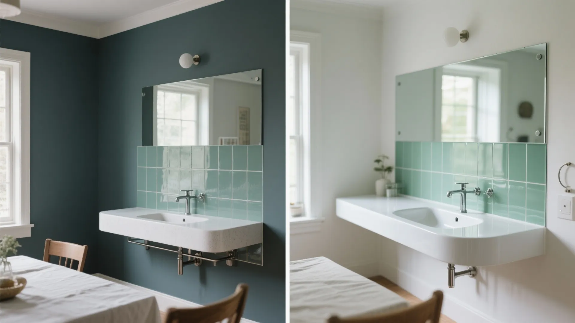 5) Glass-backed wall-hung vanity for light and depth