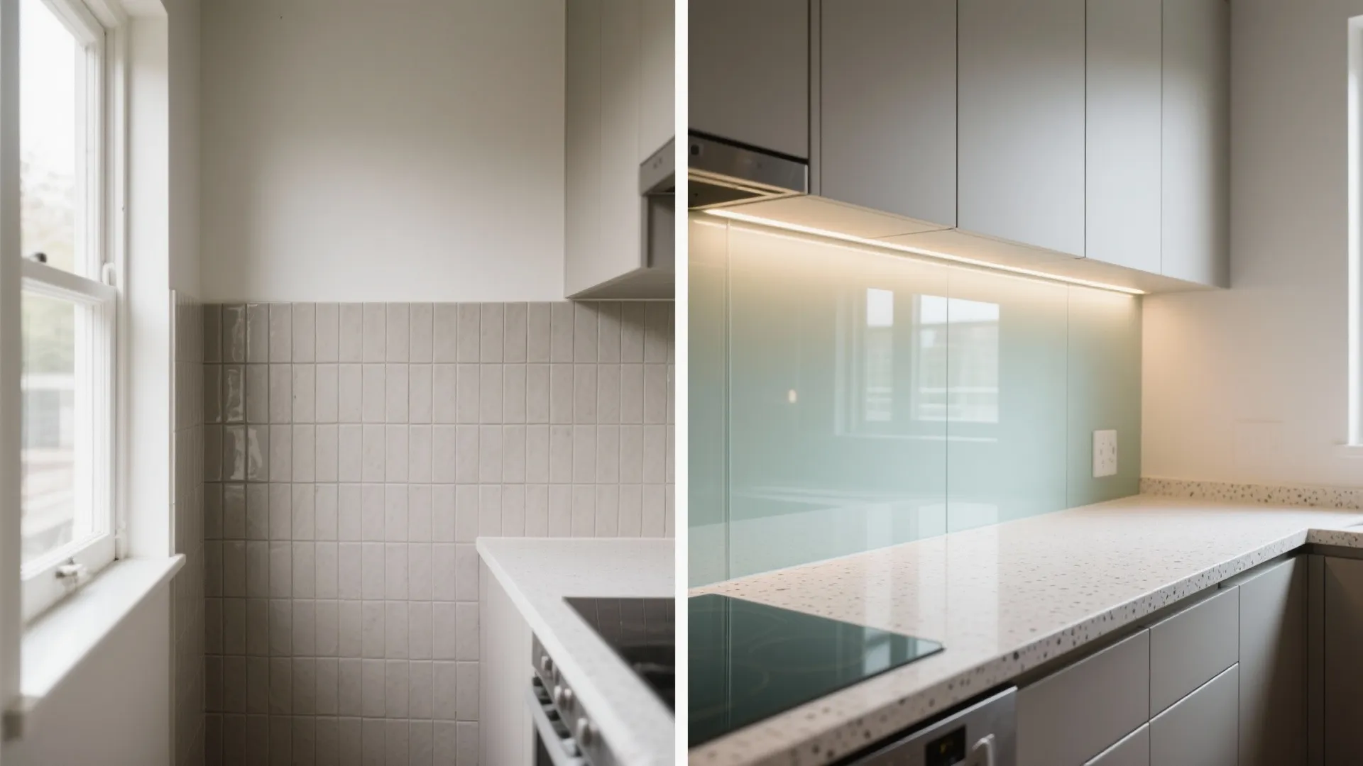 Before-and-after comparison showing tile versus low-iron glass backsplash with brighter task lighting.