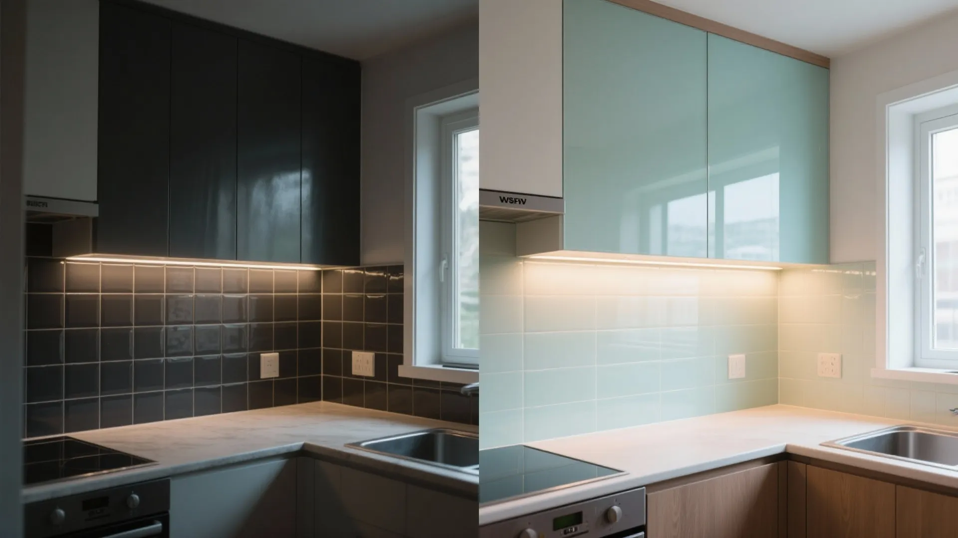 Split view showing a small kitchen before with dark tiles and after with a pale glass backsplash and brighter lighting.