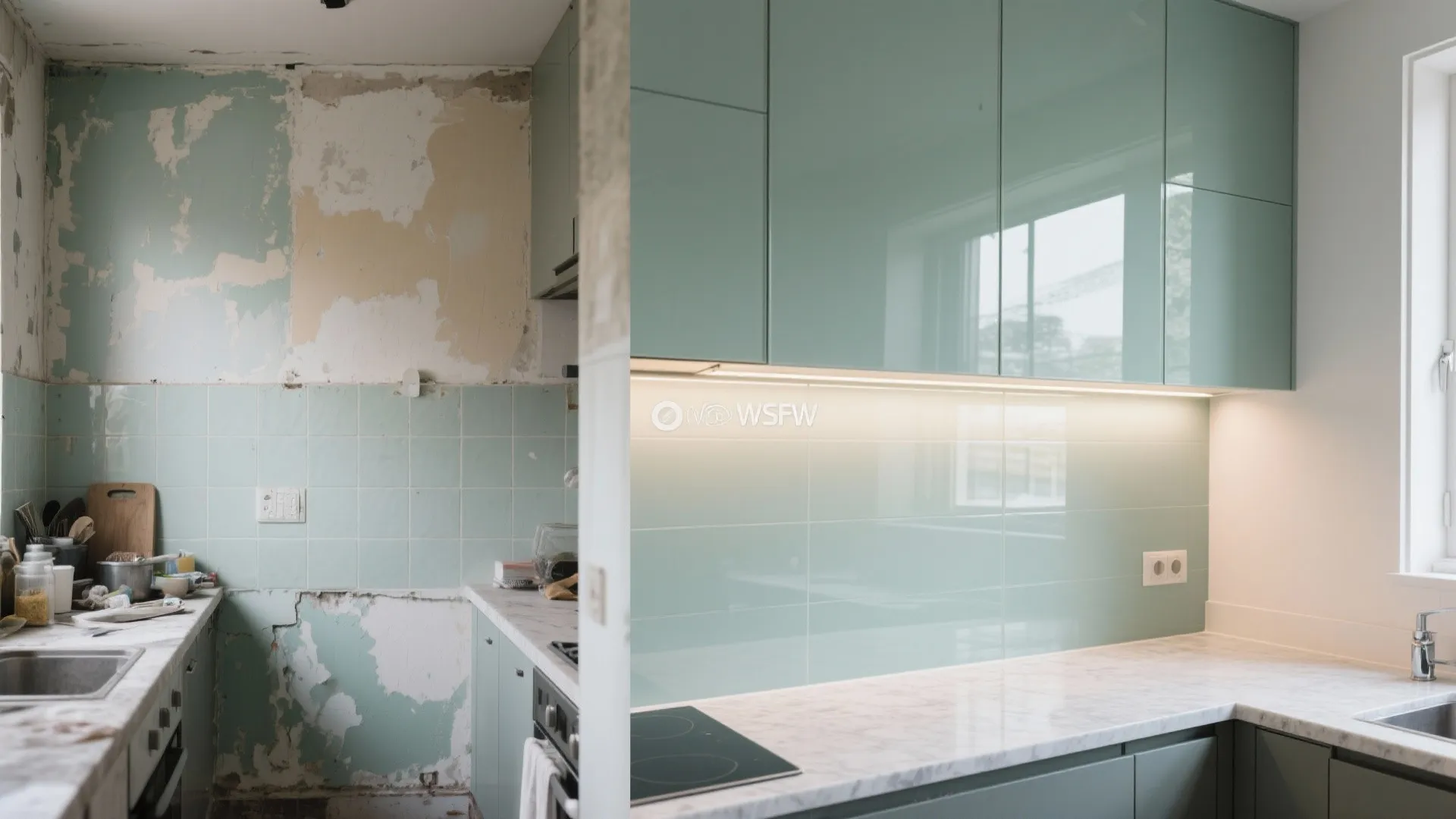 Before-and-after showing a dull wall transformed by a soft gray-green back-painted glass backsplash.