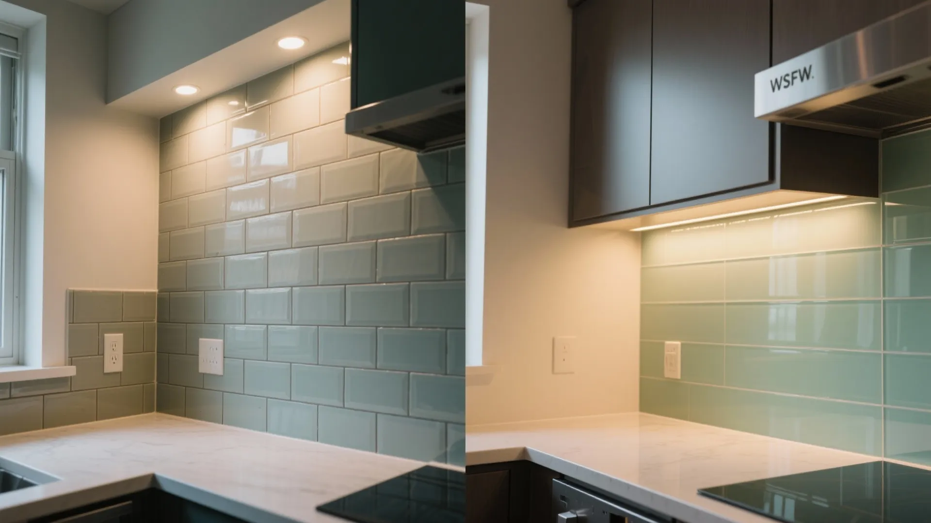 Before and after comparison of kitchen wall showing old subway tiles versus new glass panels
