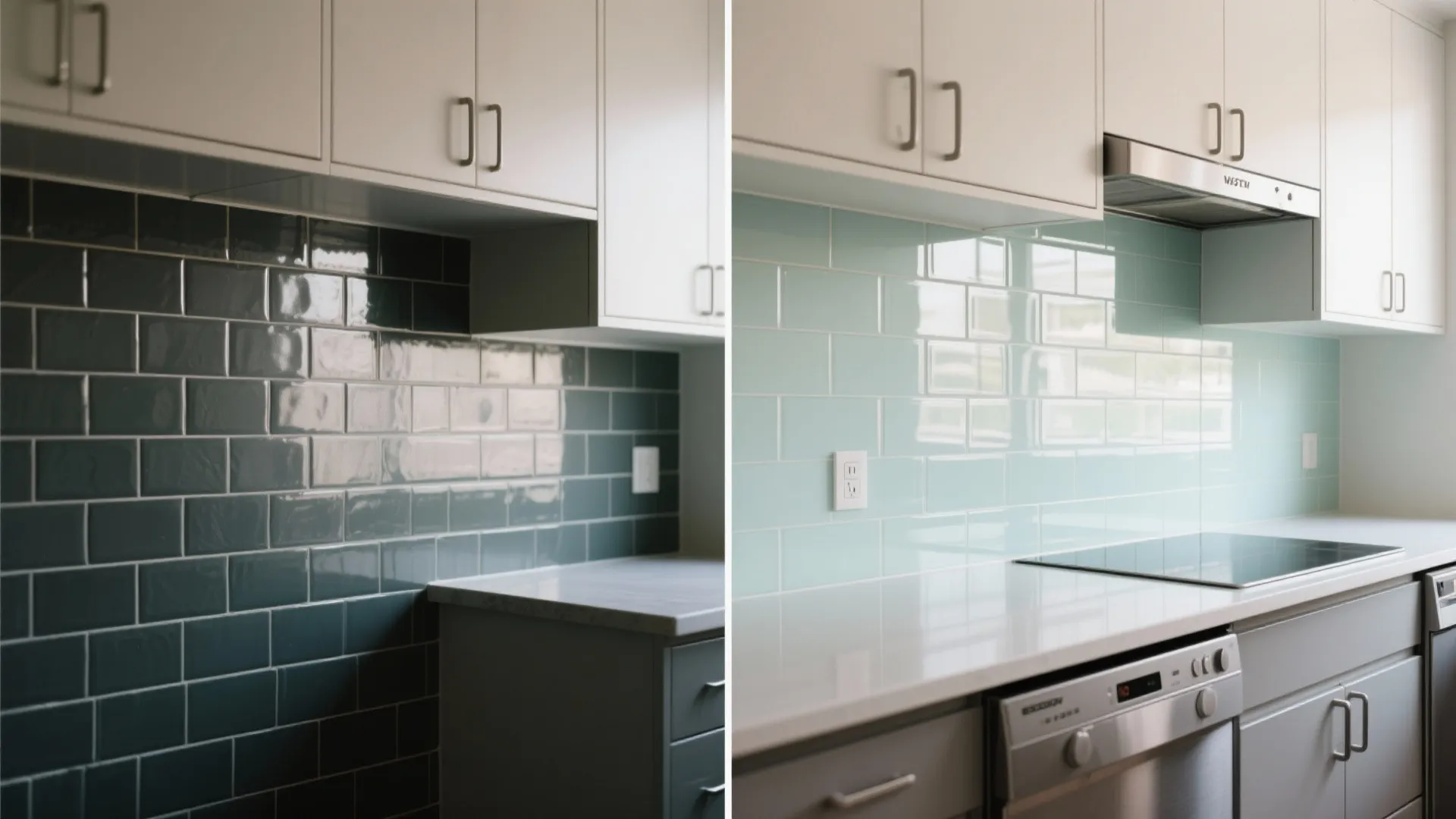 Before and after comparison of dark green subway wall tiles versus light blue glass backsplash