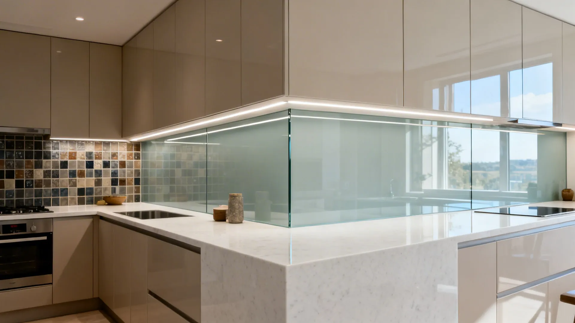 Modern kitchen design with light grey cabinets marble countertop and large glass panel on wall