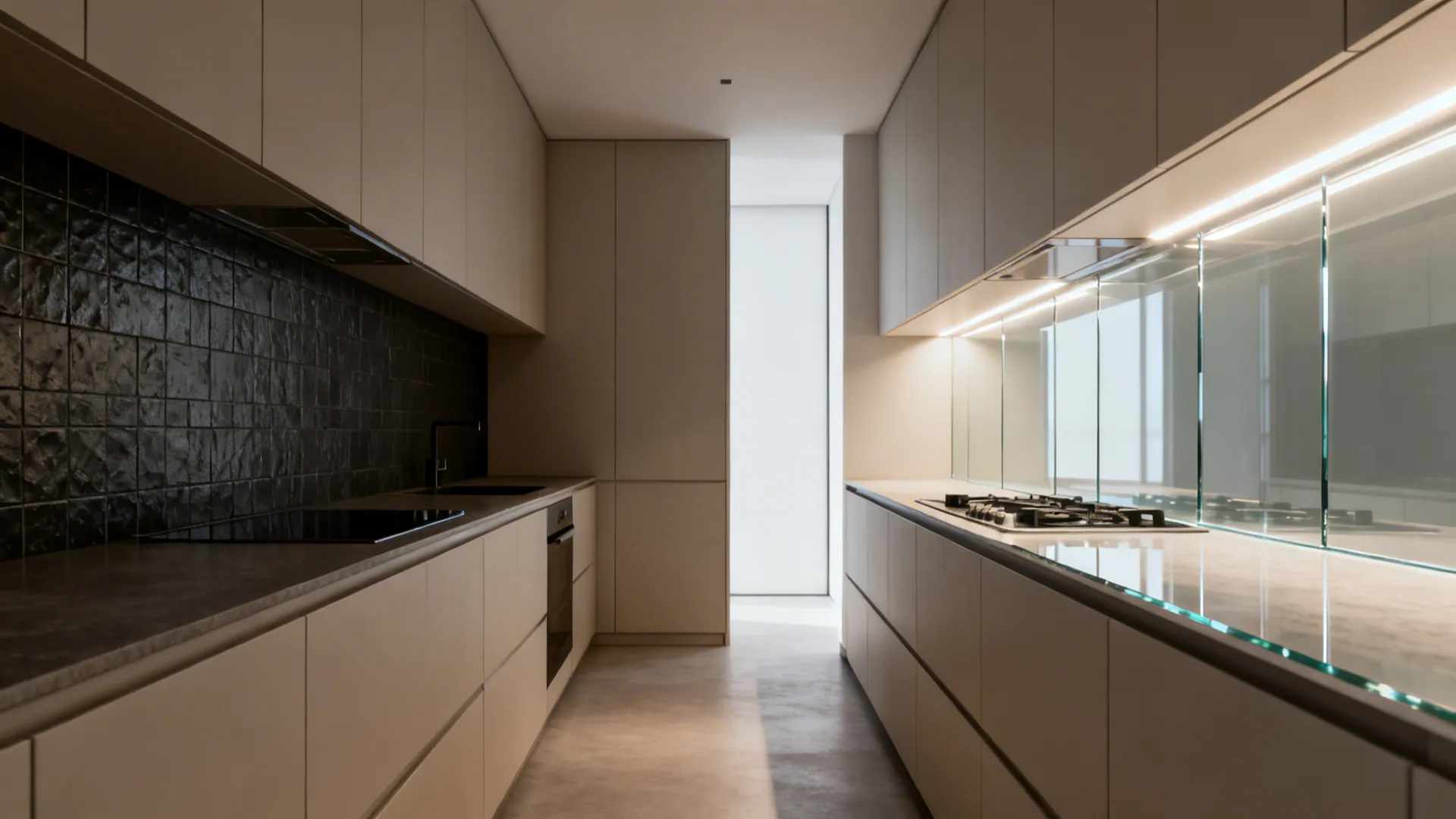 Before-and-after of a galley kitchen showing dark tile versus bright low-iron glass backsplash with LEDs.