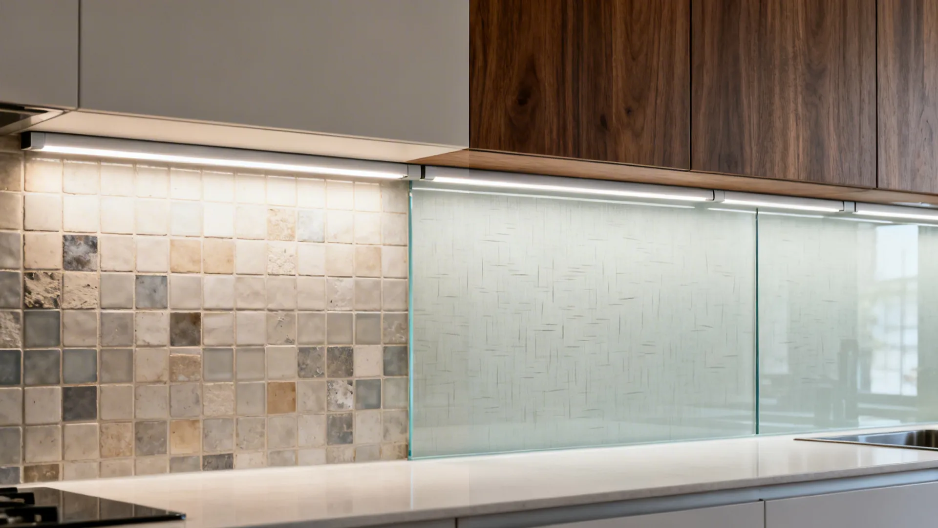 Before-and-after of a compact kitchen wall showing a new glass backsplash and integrated LED lighting.