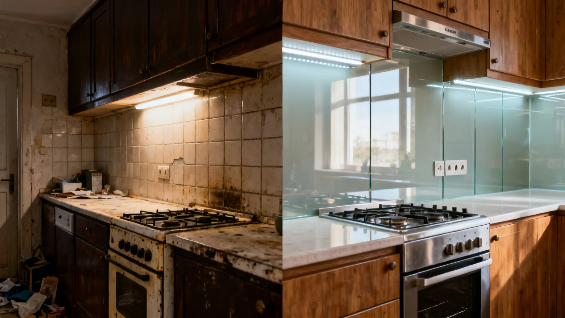 Before and after comparison showing glass backsplash brightening a compact kitchen.