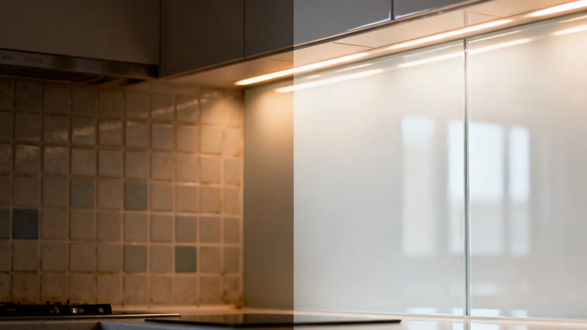 Before-and-after of a small kitchen wall showing tile replaced by seamless white glass