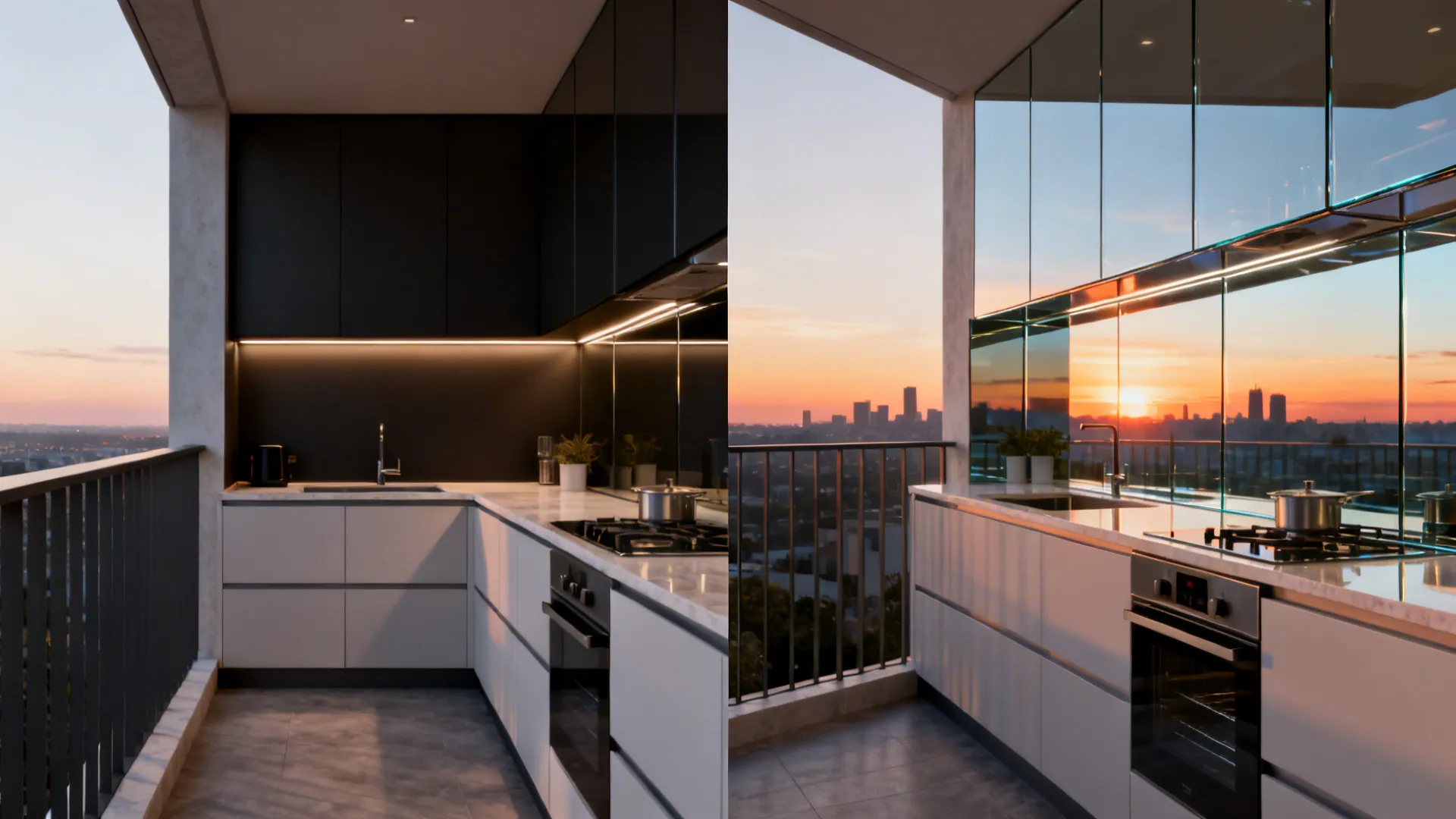Split view before dark backsplash and after low-iron glass backsplash brightening a narrow L-shaped balcony kitchen.
