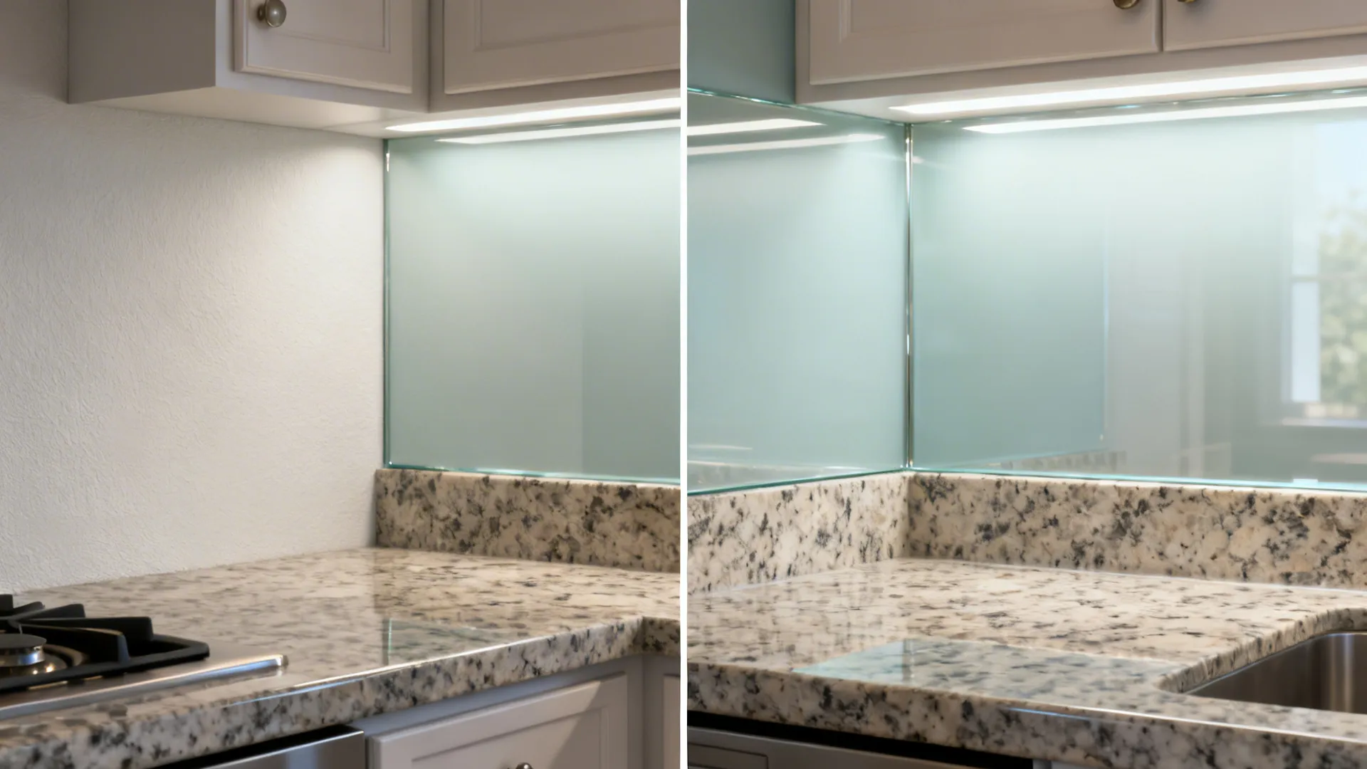 Before-and-after showing painted wall replaced by seamless glass backsplash above granite.