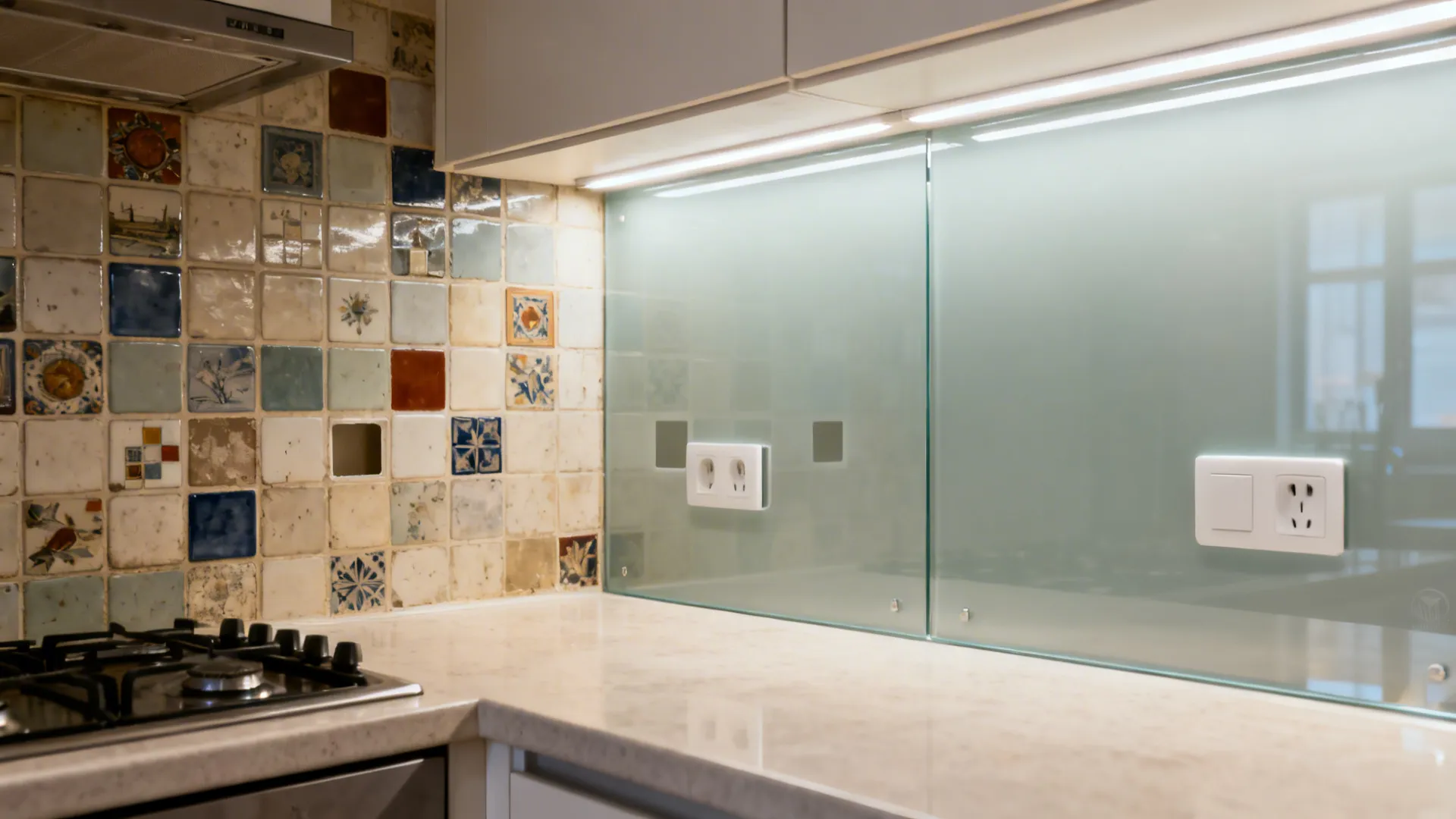 Before-and-after of a small kitchen backsplash changed from tiled to a seamless tempered glass panel.