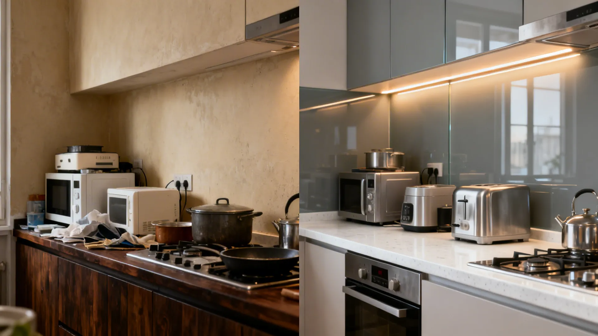 Before-and-after of a compact kitchen showing a painted wall versus a reflective glass backsplash with LEDs.