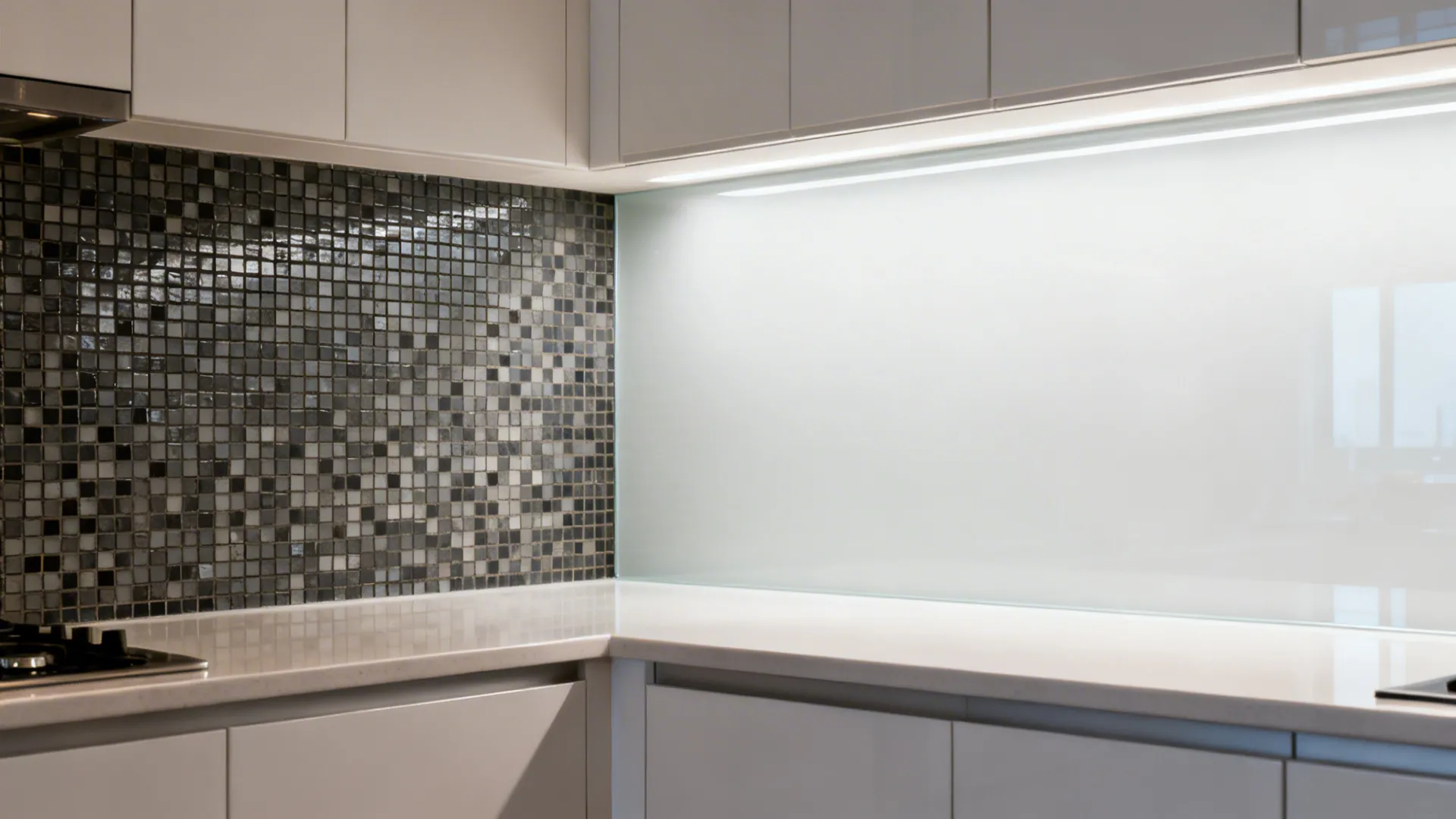 Before-and-after showing mosaic tile replaced by a seamless low-iron glass backsplash that brightens the kitchen.