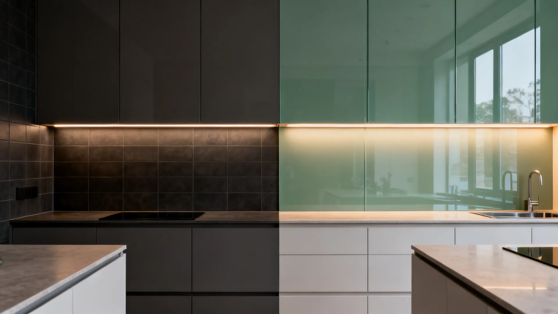 Before dark tile versus after sage glass backsplash showing brighter, more open kitchen feel.