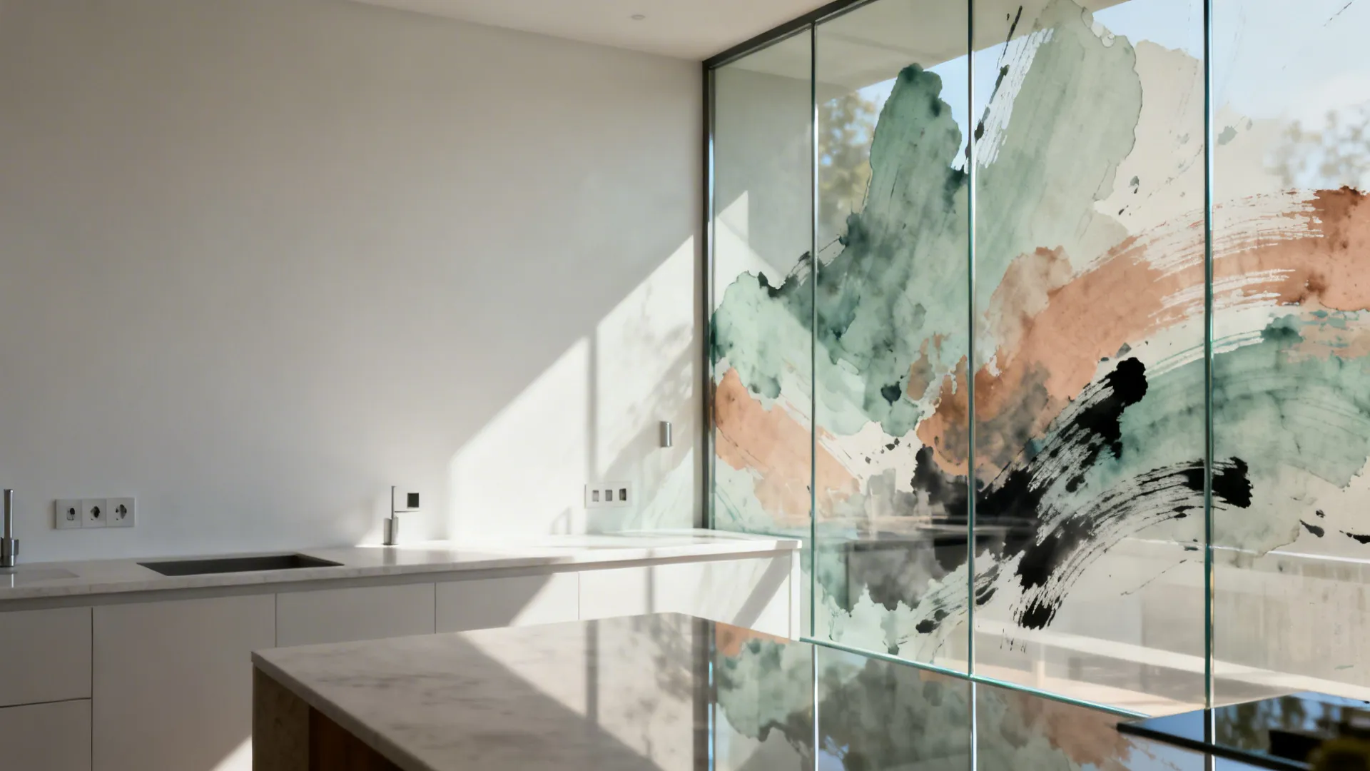 Modern white kitchen with a large glass wall featuring colorful abstract paint strokes and sunlight