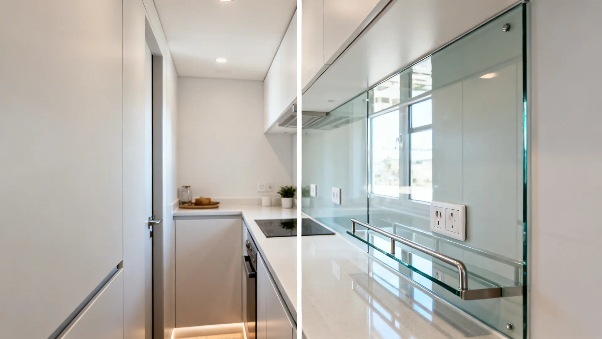 Split view showing a dull painted backsplash versus a glossy glass panel that brightens a small kitchen.