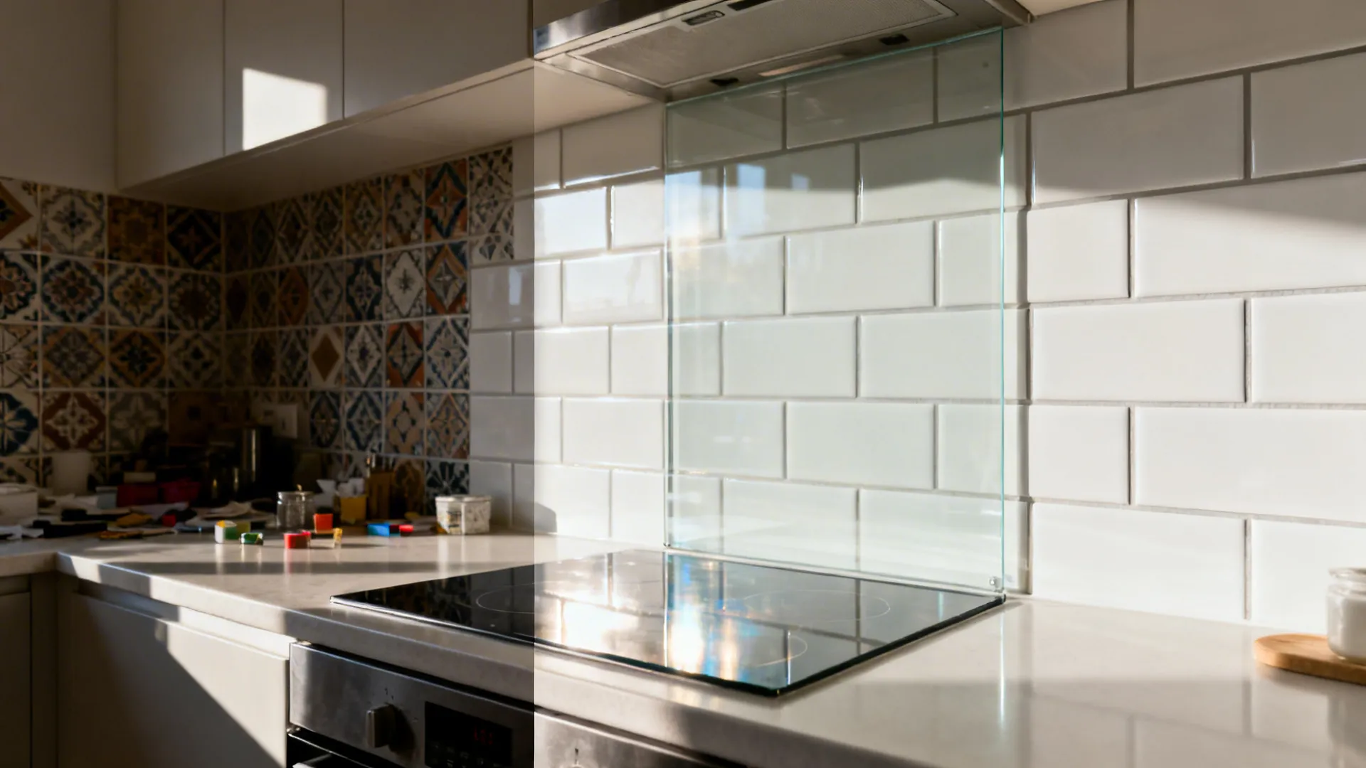Before-and-after of a 9x5 kitchen backsplash switching from busy tiles to matte subway and tempered glass.