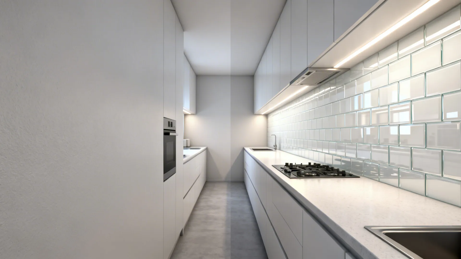 Before-and-after of a galley kitchen showing painted wall versus reflective glass backsplash.