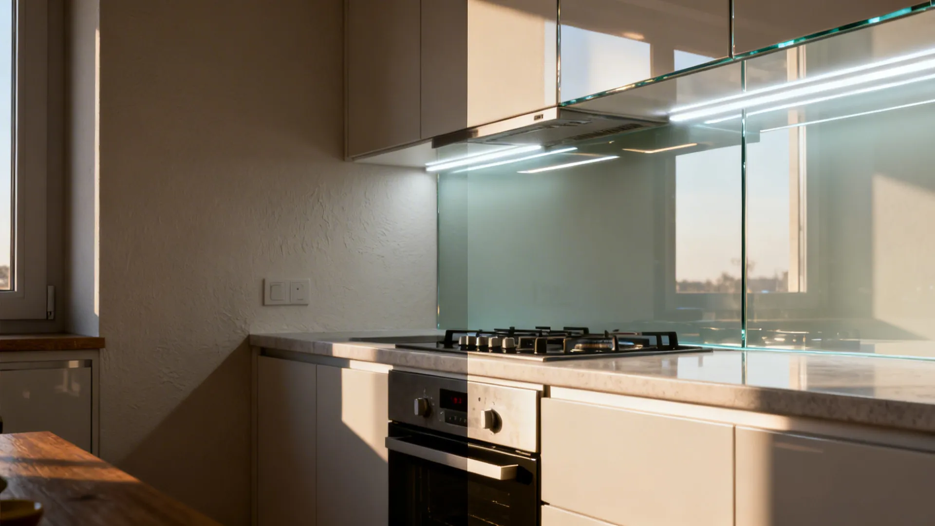 Before-and-after of a micro-kitchen showing brightness gain with a glass backsplash.