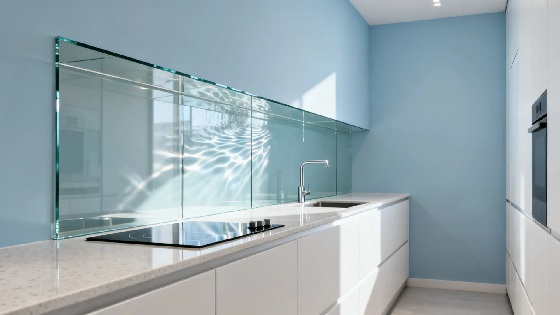 Narrow galley kitchen featuring a low-iron glass backsplash over whisper sky blue paint.