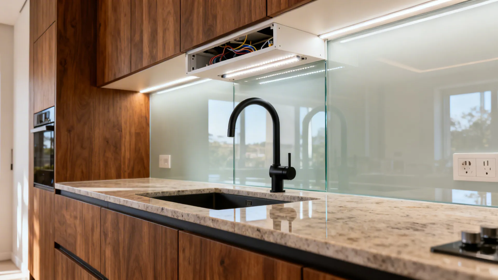 Black kitchen faucet on stone countertop with glass backsplash and overhead light fixture under cabinets