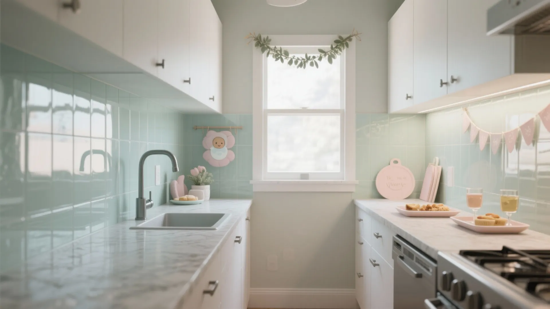 Glass backsplash for a brighter, baby-ready mood