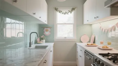 Soft Pastel Kitchen Design with Mint Tiles