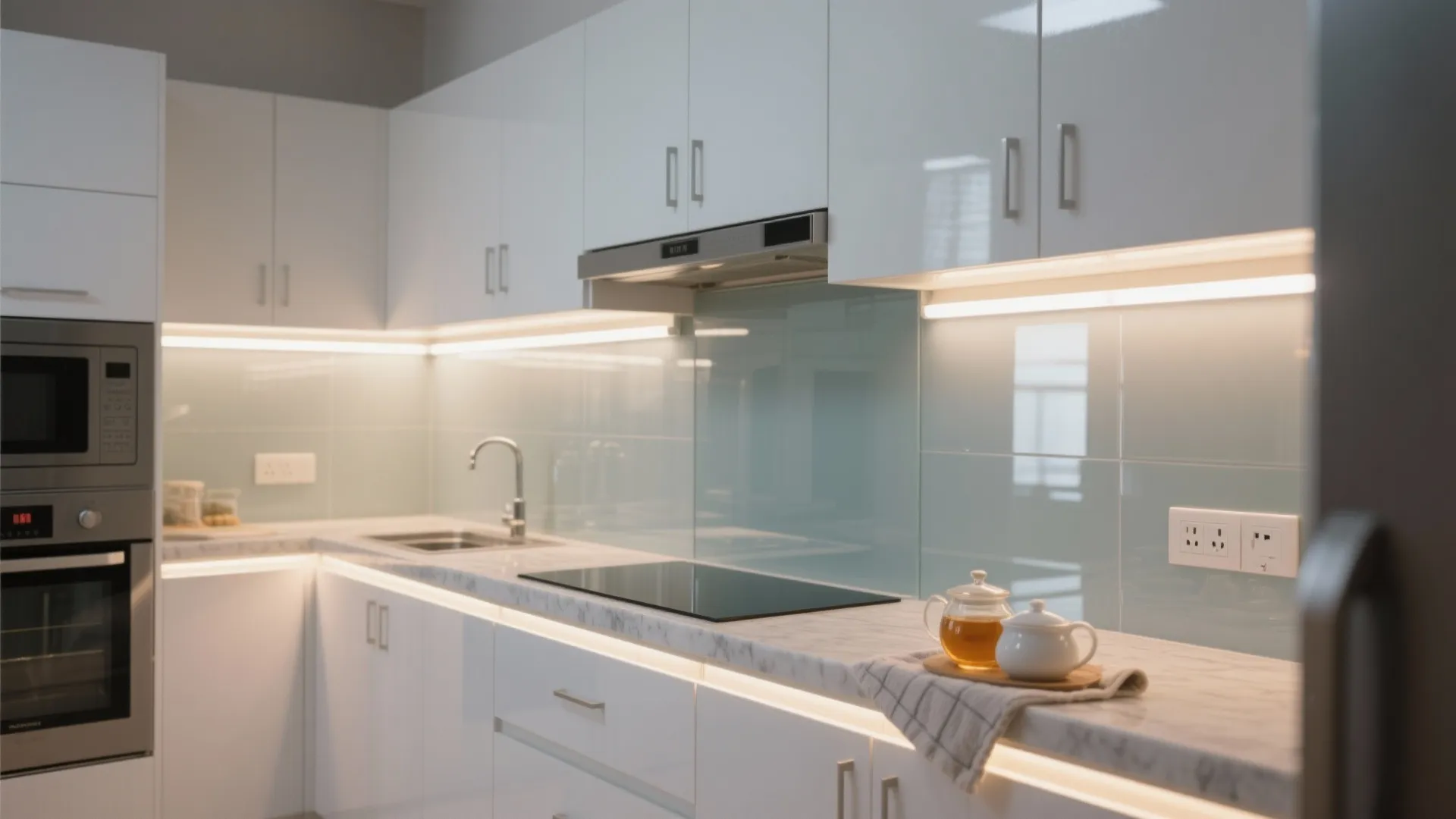 Glossy glass backsplash for airy brightness