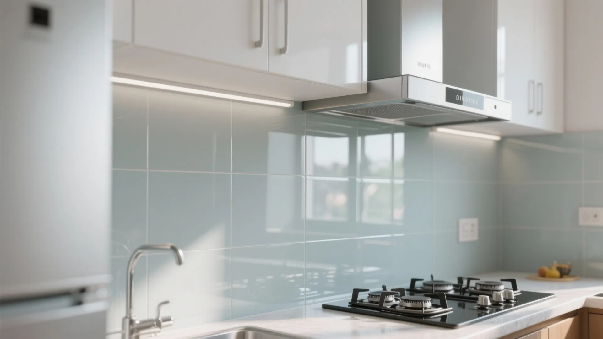 Glass backsplash for openness and easy cleaning