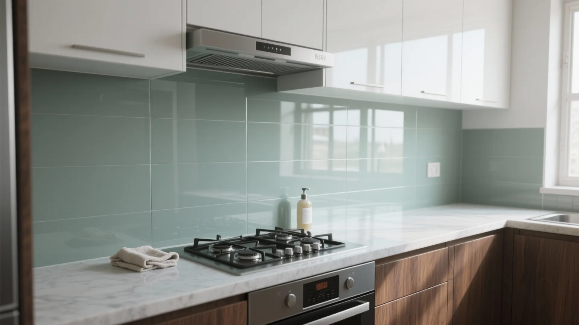 Glass backsplash for a brighter, easy-clean look