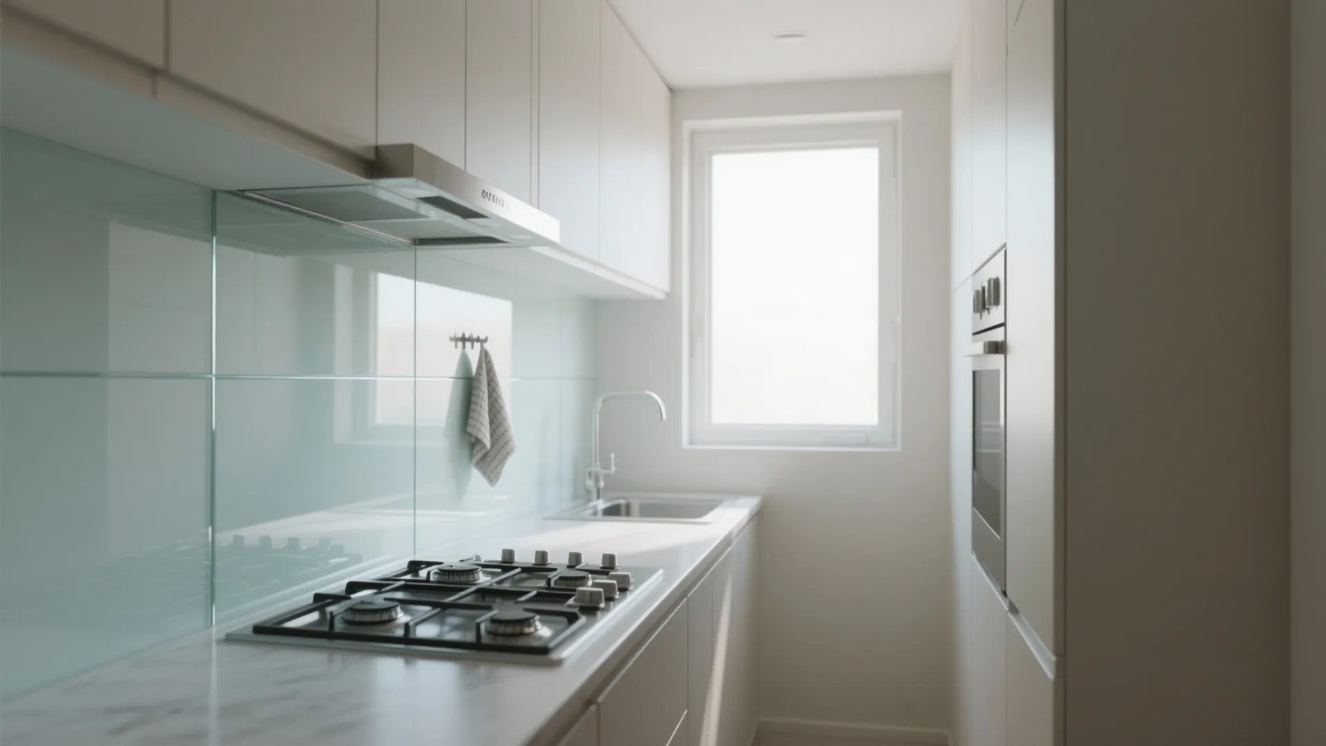 Transparent glass backsplash for a brighter feel