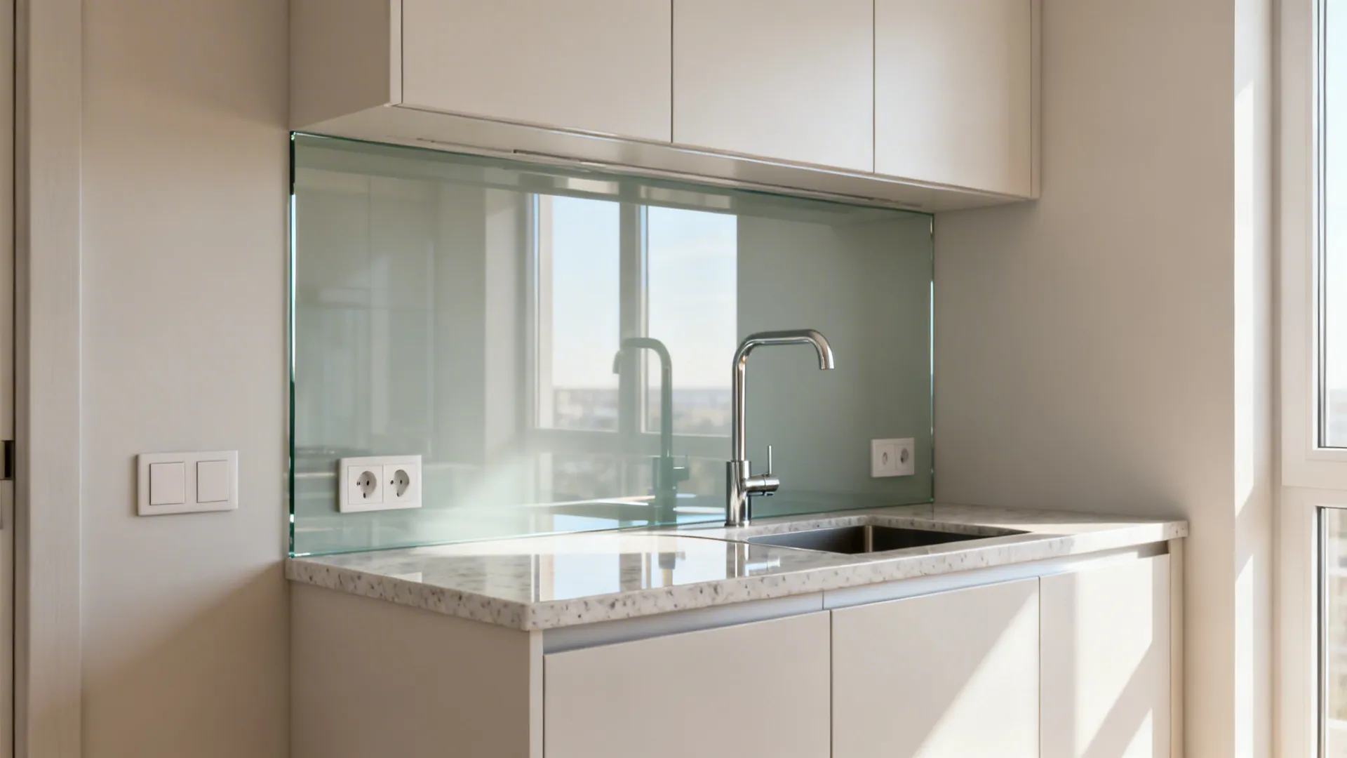Small kitchen with a seamless low-iron glass backsplash reflecting soft daylight.