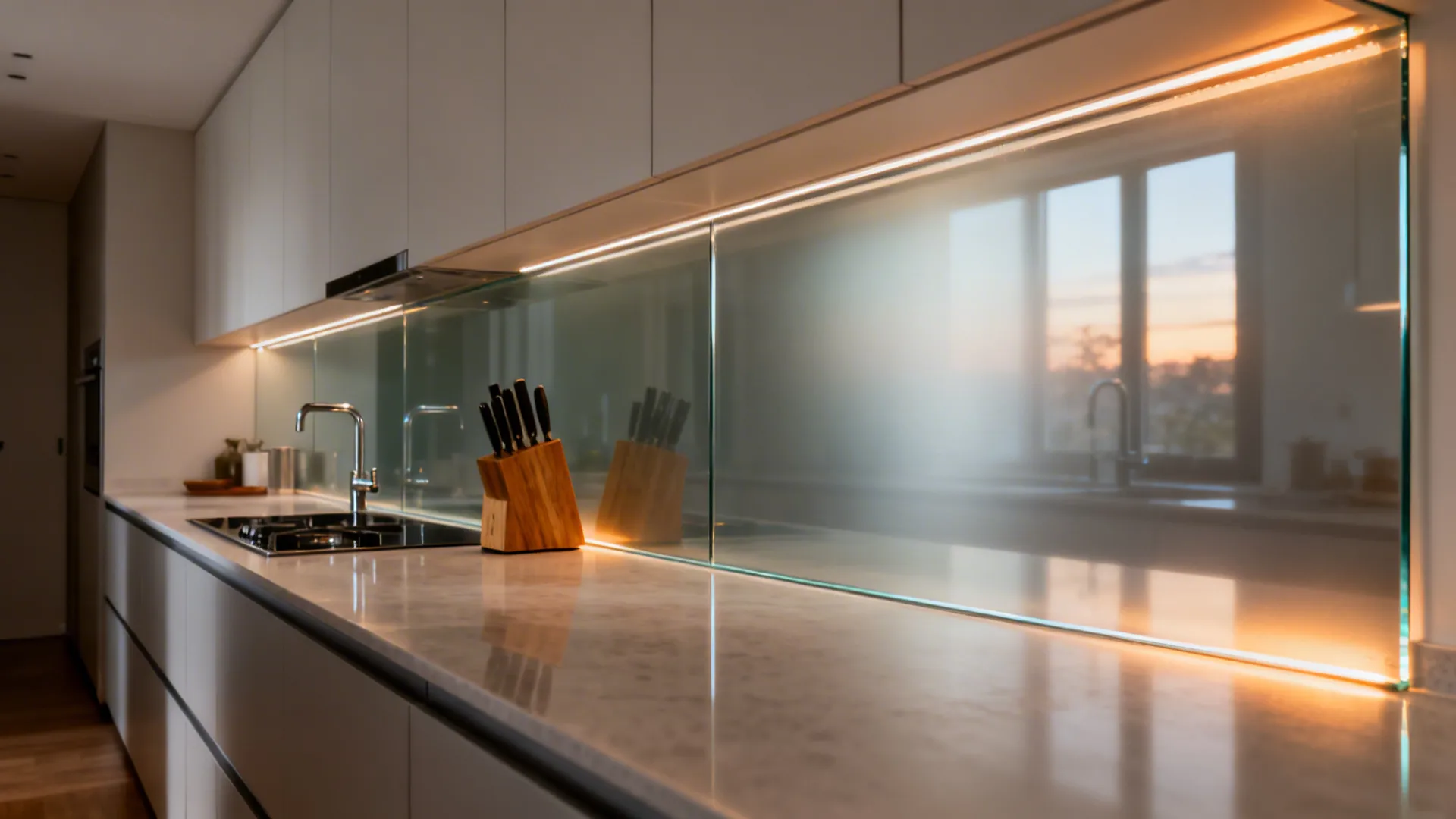 Minimalist kitchen with glass wall panels white cabinets sink knife block and warm hidden led lighting