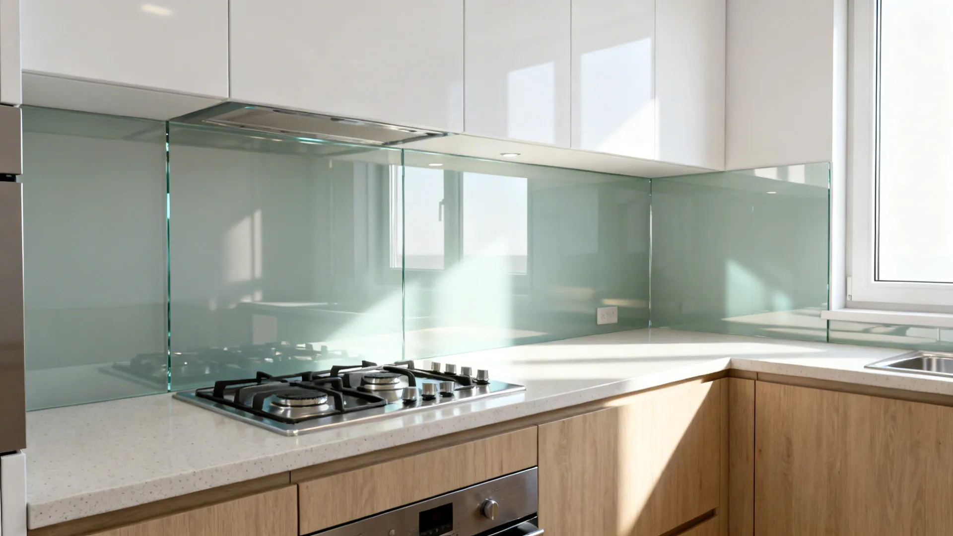 Small kitchen with pale counters and a clear glass backsplash reflecting daylight.