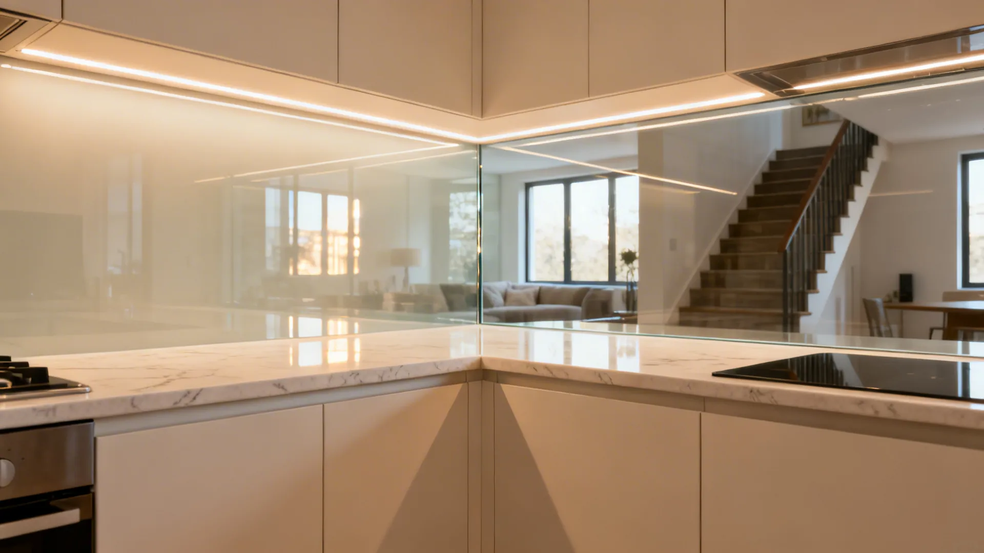 Low-iron glass kitchen backsplash reflecting daylight toward living area and stairs.