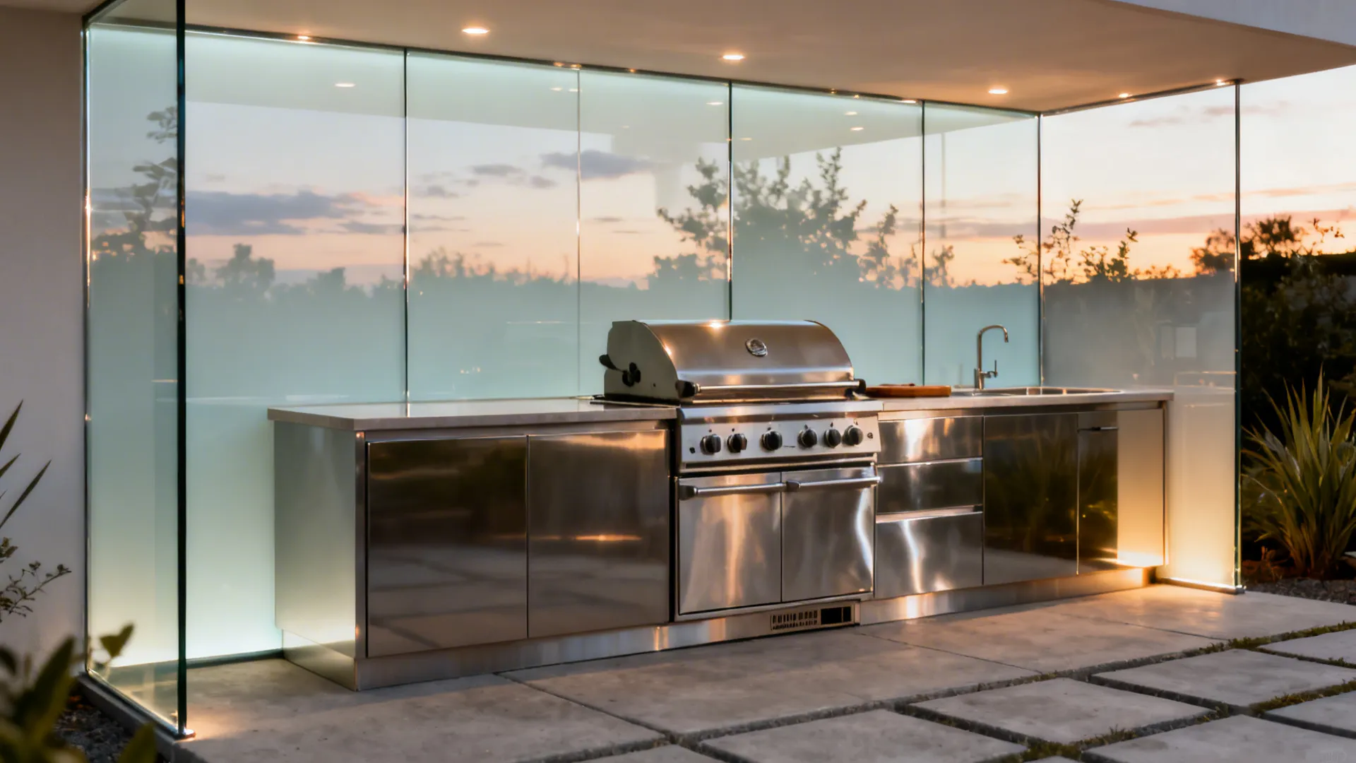 Tempered glass backsplash reflecting sky behind a compact outdoor grill and prep counter.