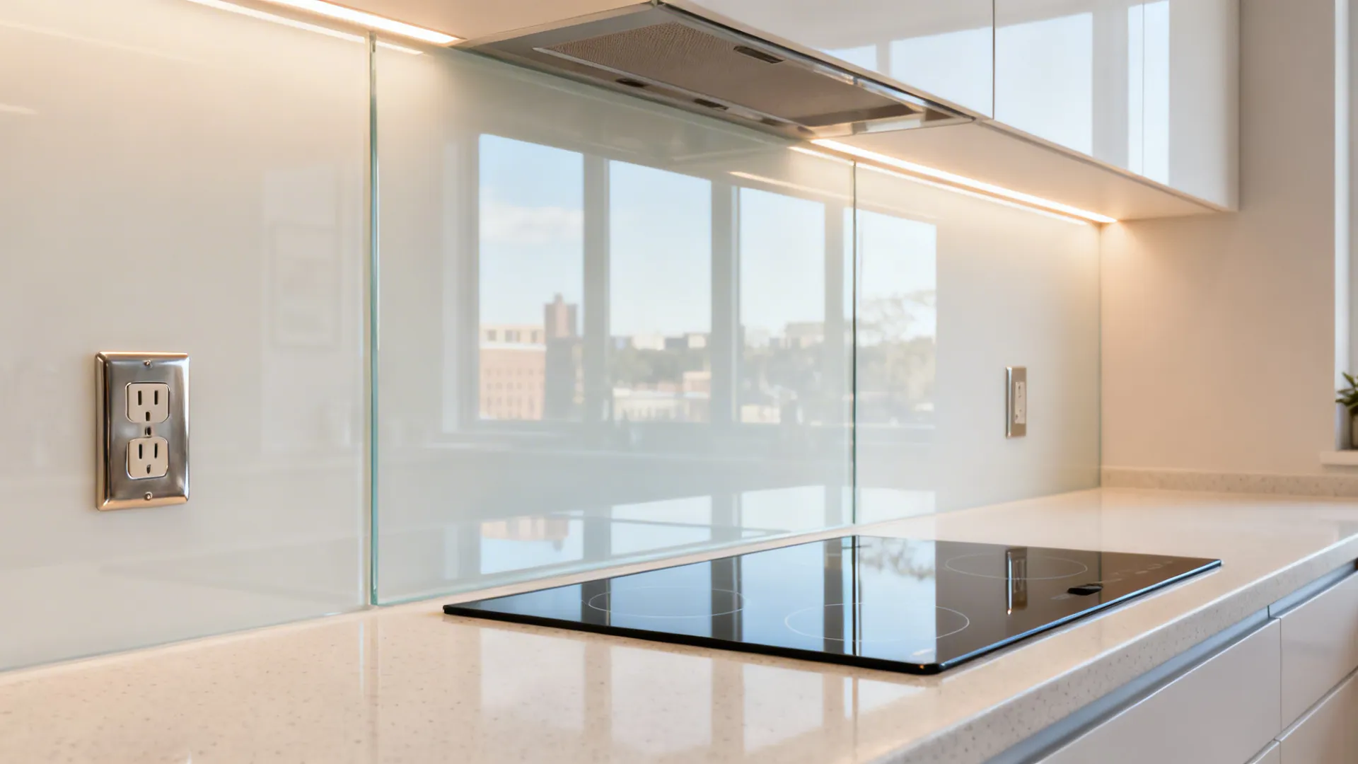 Glass backsplash for light and easy cleaning