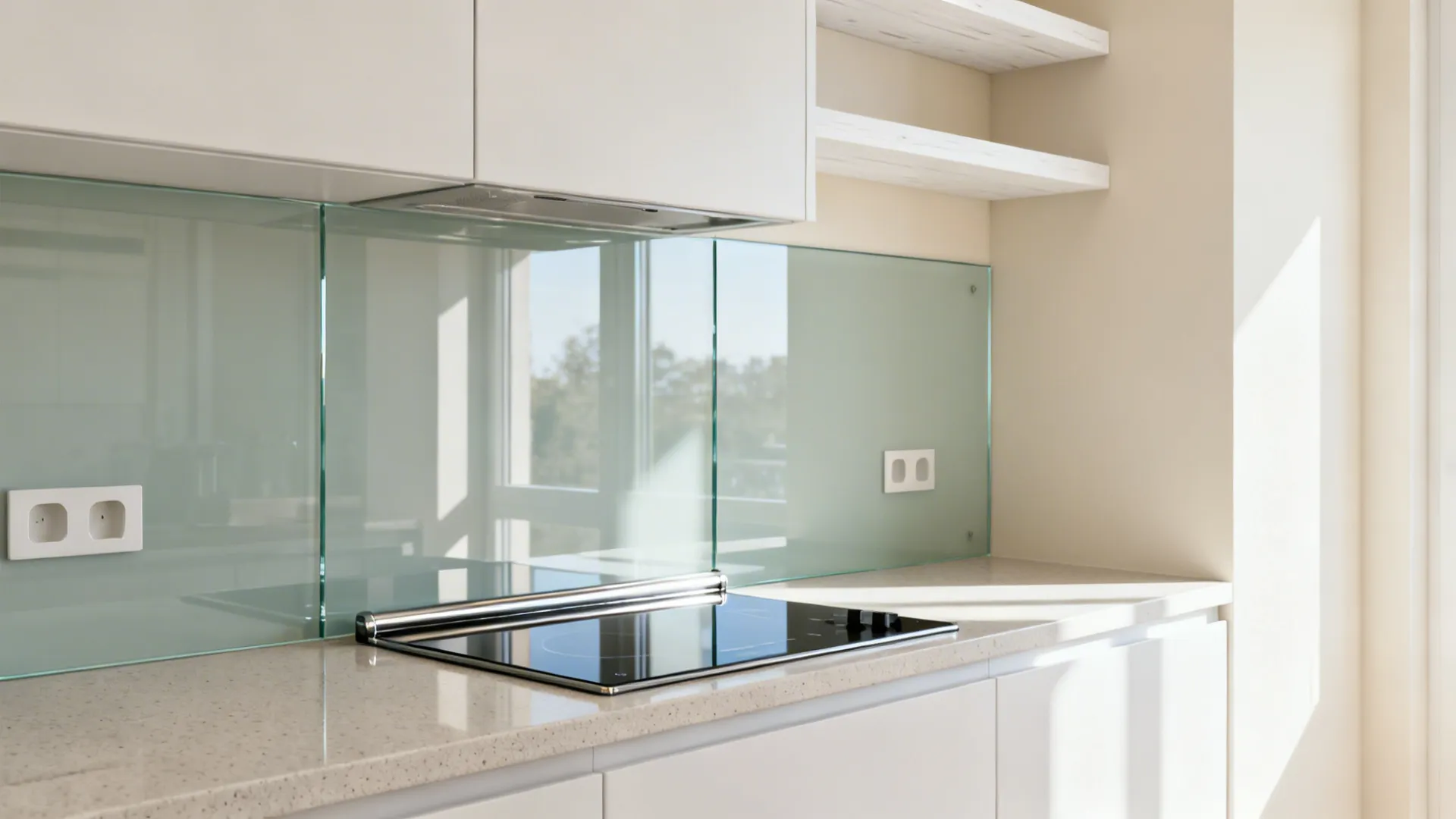 Single-sheet low-iron glass backsplash reflecting daylight in a compact kitchen.