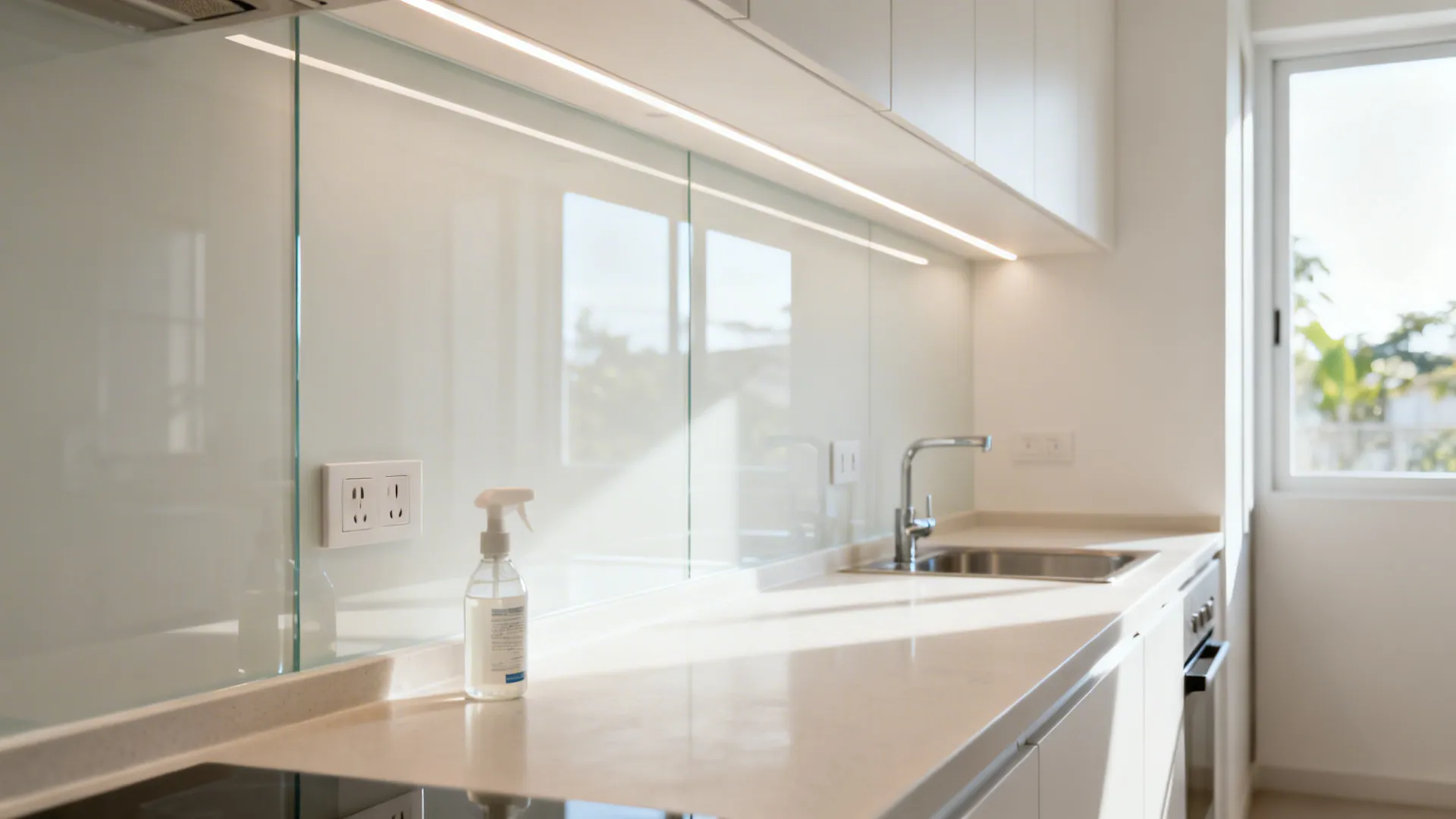 2) Glass backsplash for brightness and easy cleanup