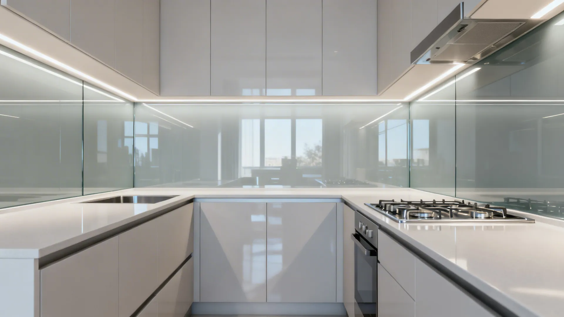 Glass backsplash for light and depth