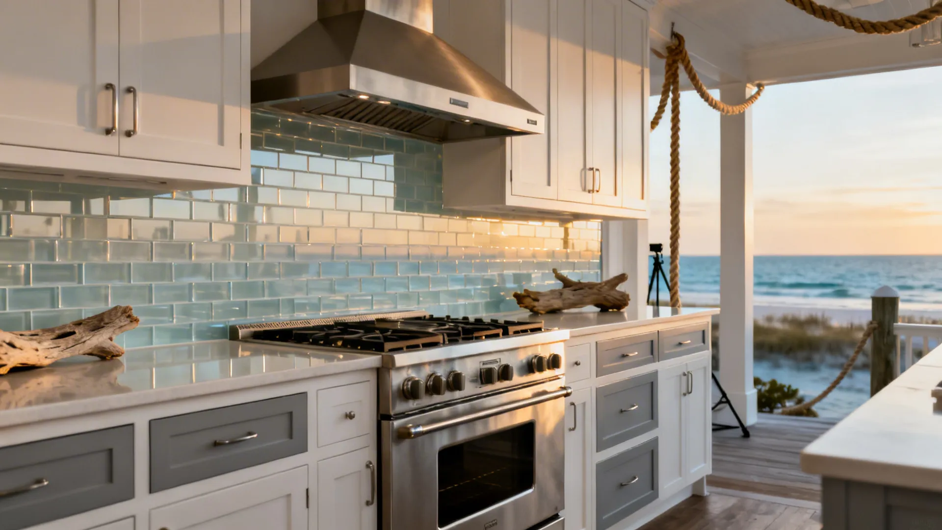 Charleston galley kitchen with satin back-painted glass backsplash reflecting soft coastal light.