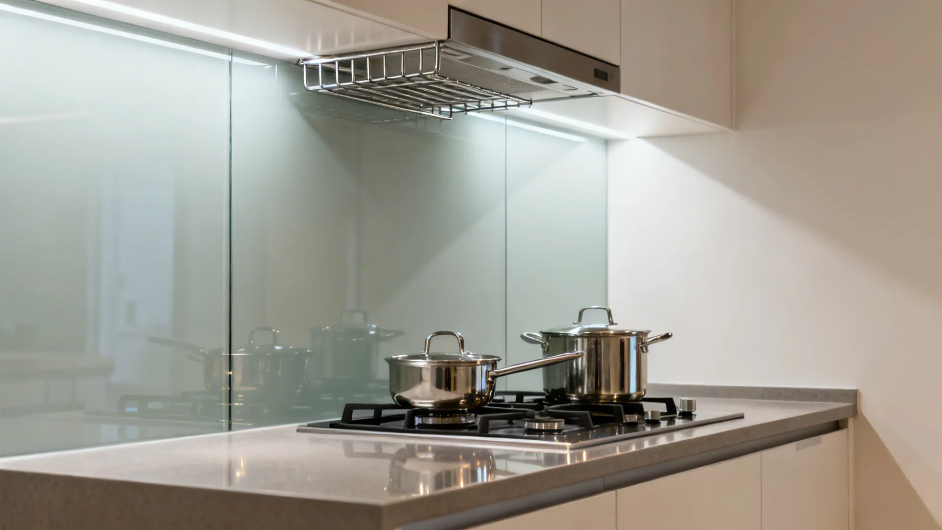 Small kitchen with clear glass backsplash, chrome accents, and diffused lighting for a hygienic look.