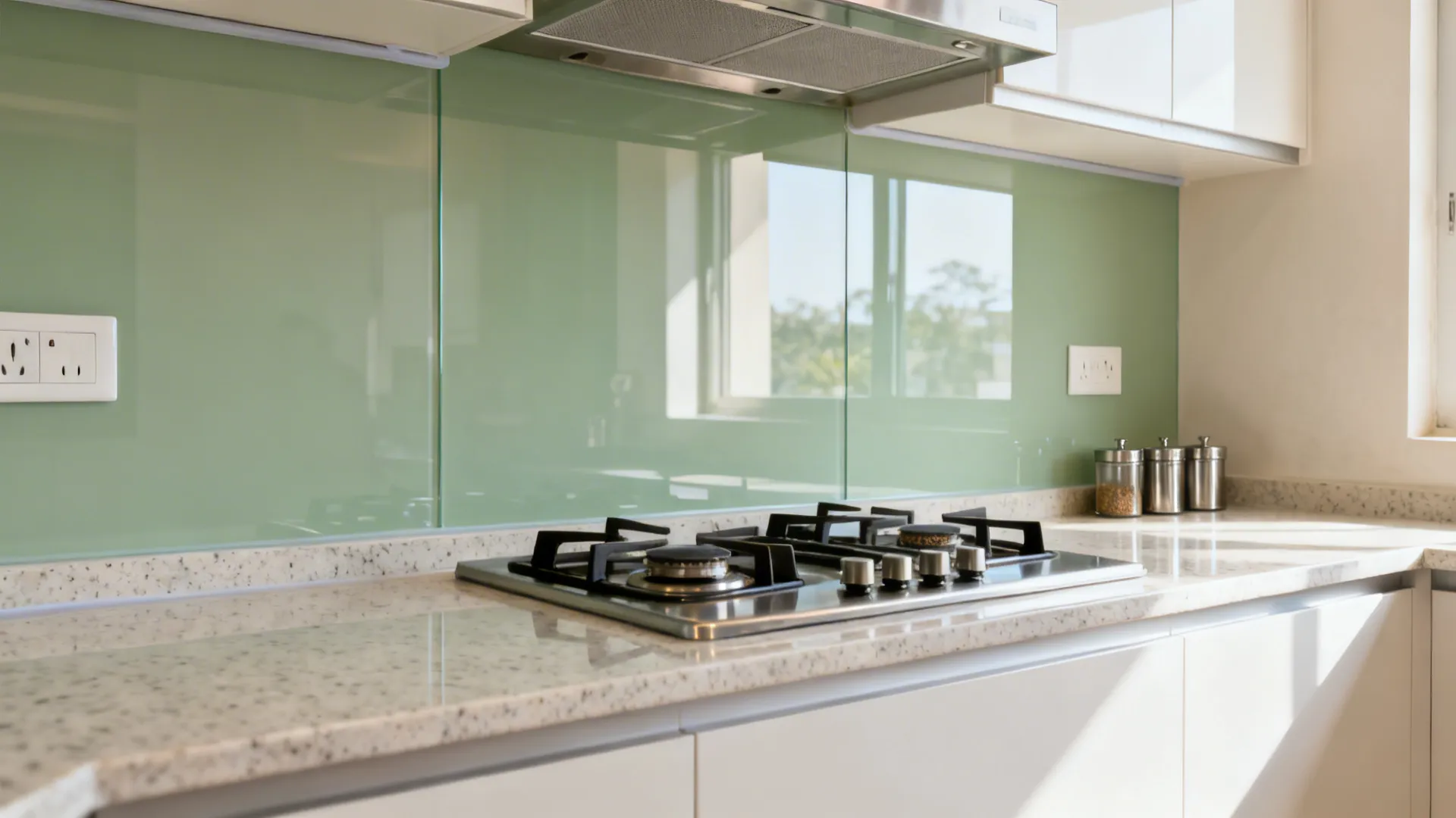 North-lit kitchen with a sage back-painted glass backsplash and quartz counter for easy cleaning.