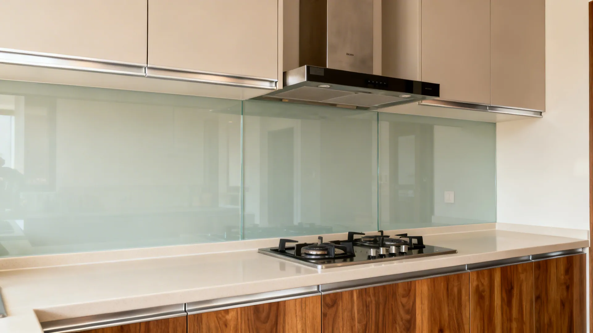 Seamless low-iron tempered glass backsplash reflecting light behind a cooktop.