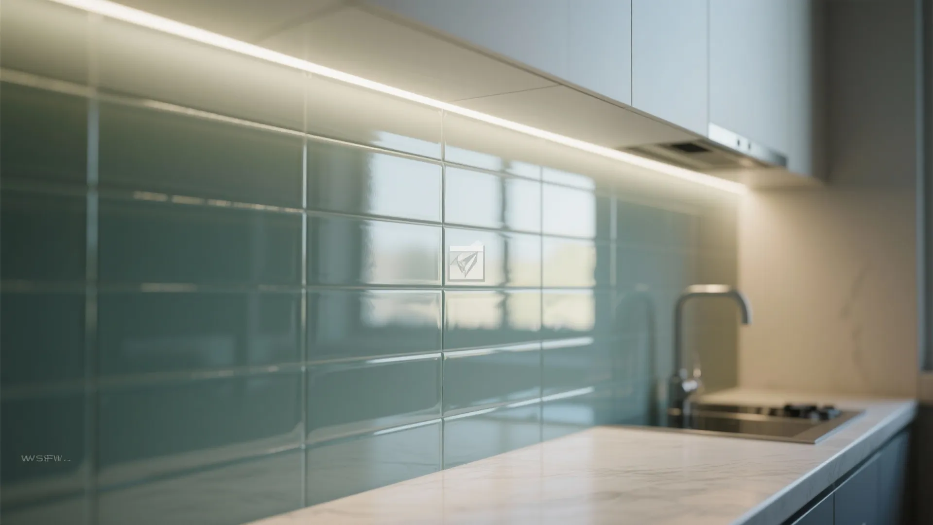 Modern kitchen green tile backsplash with marble countertop and bright light fixture under white cabinets
