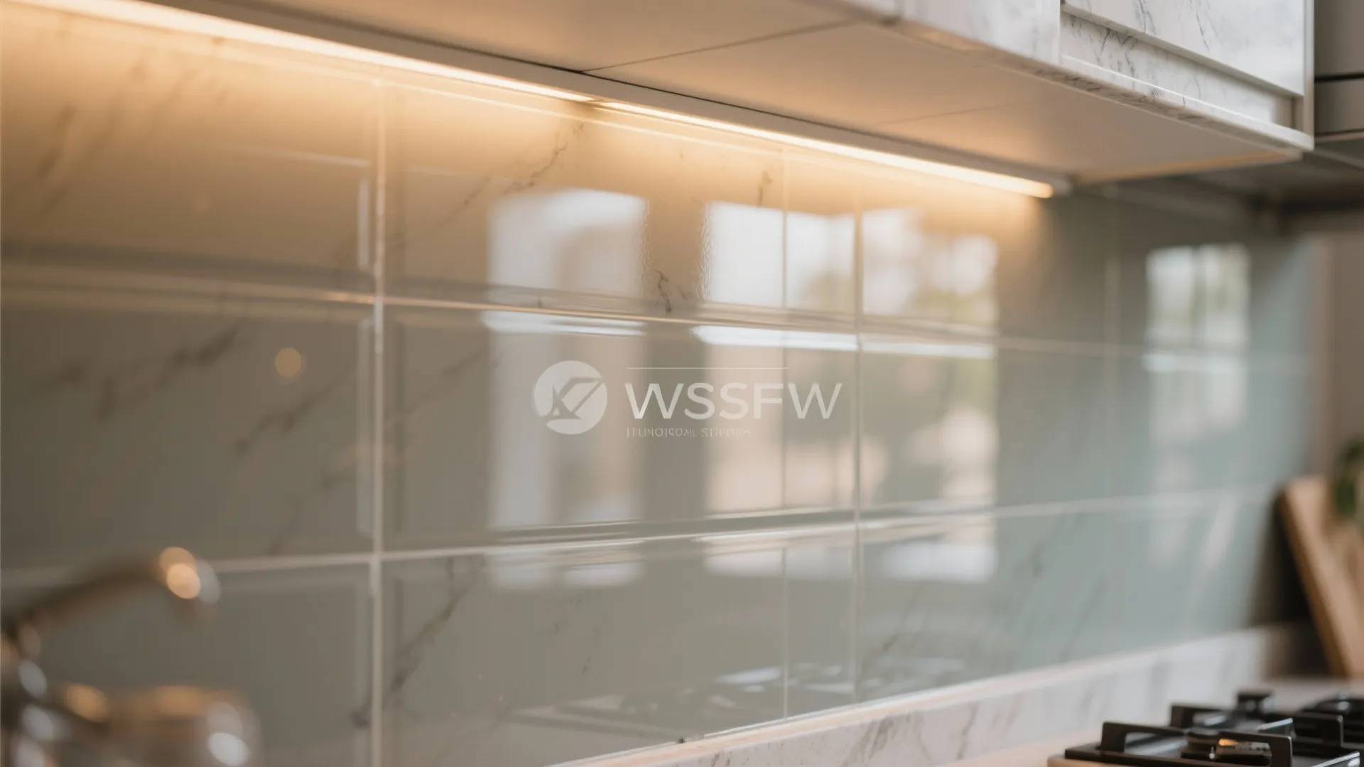 Glossy glass backsplash for more light and easy cleanup